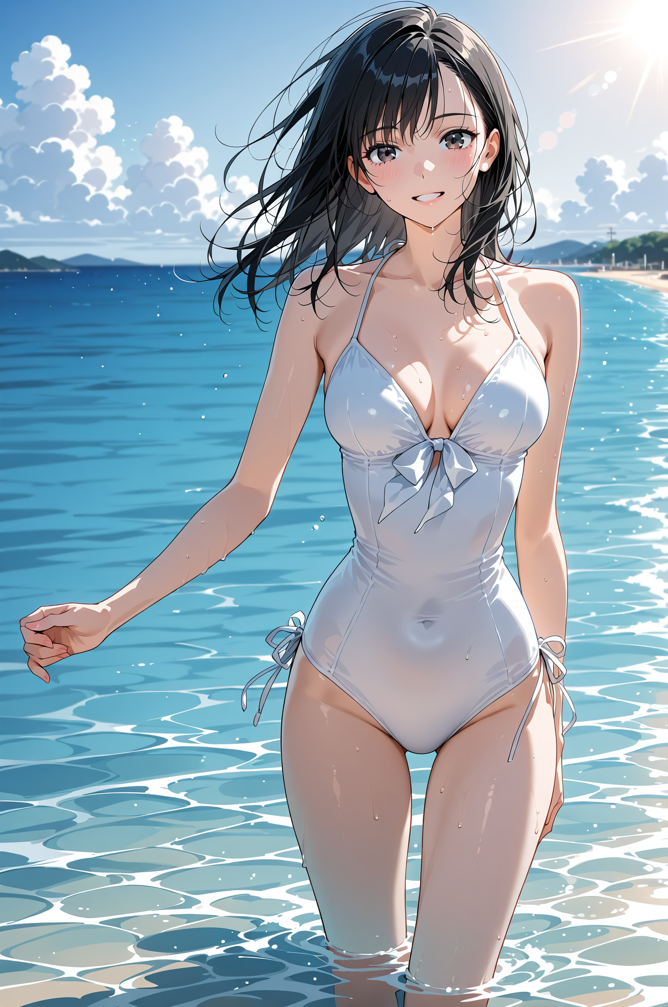 青い海辺で笑顔のアニメ少女 #水着 #屋外 #美少女