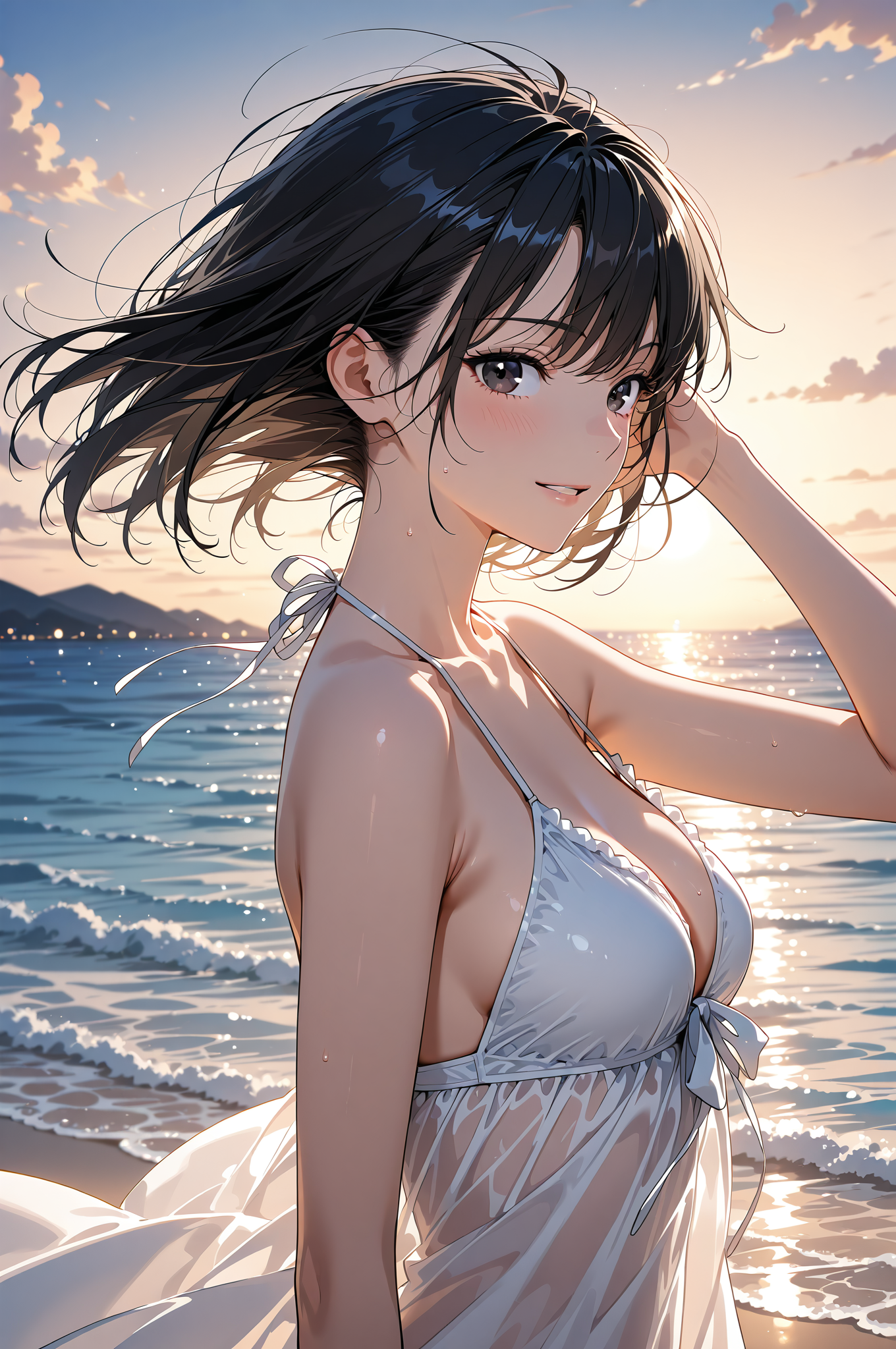 夕焼けビーチでの爽やかなポートレート #美少女 #アニメ調 #屋外