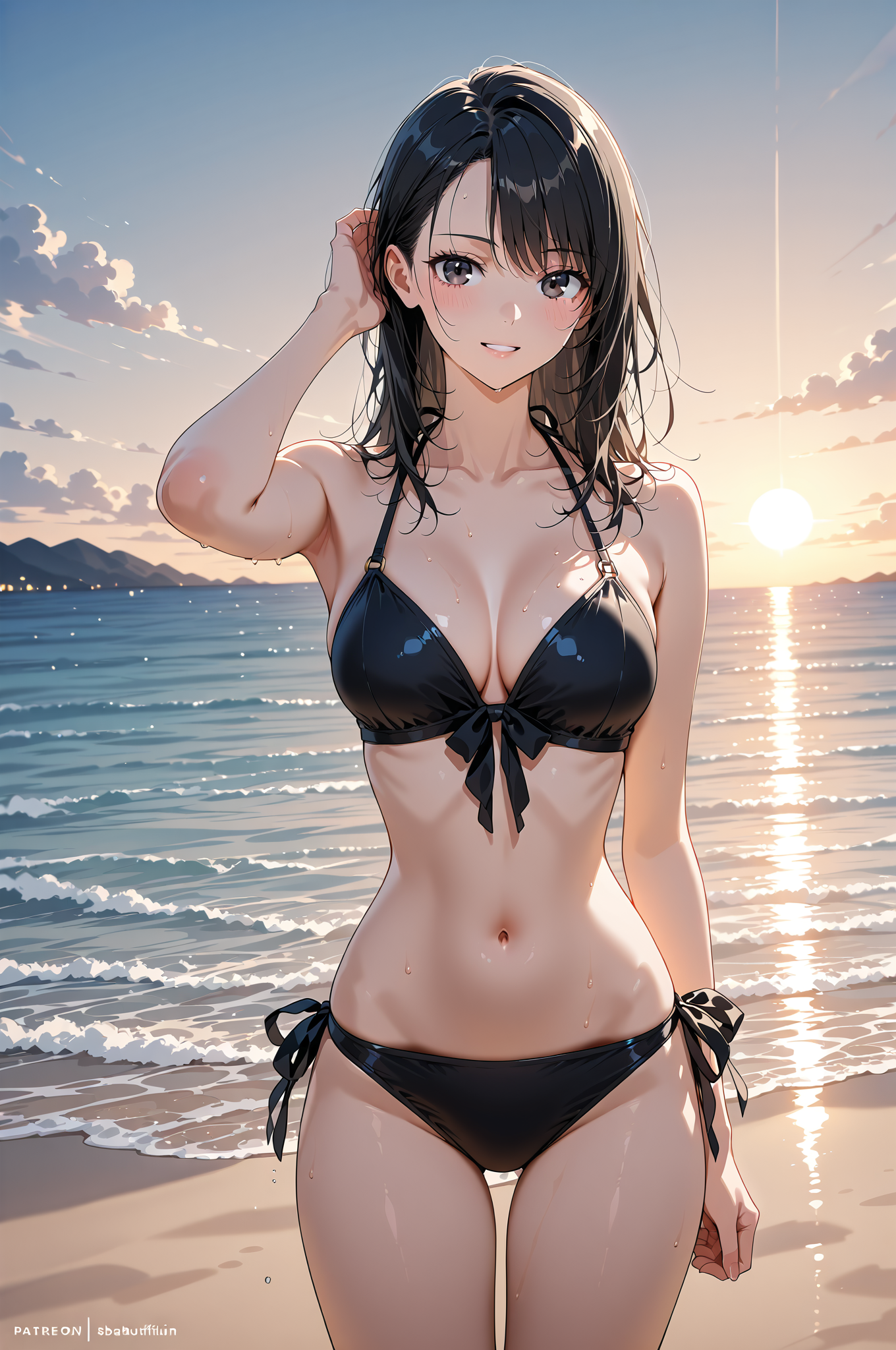 夕焼けビーチの黒髪美少女ポートレート #美少女 #水着 #屋外
