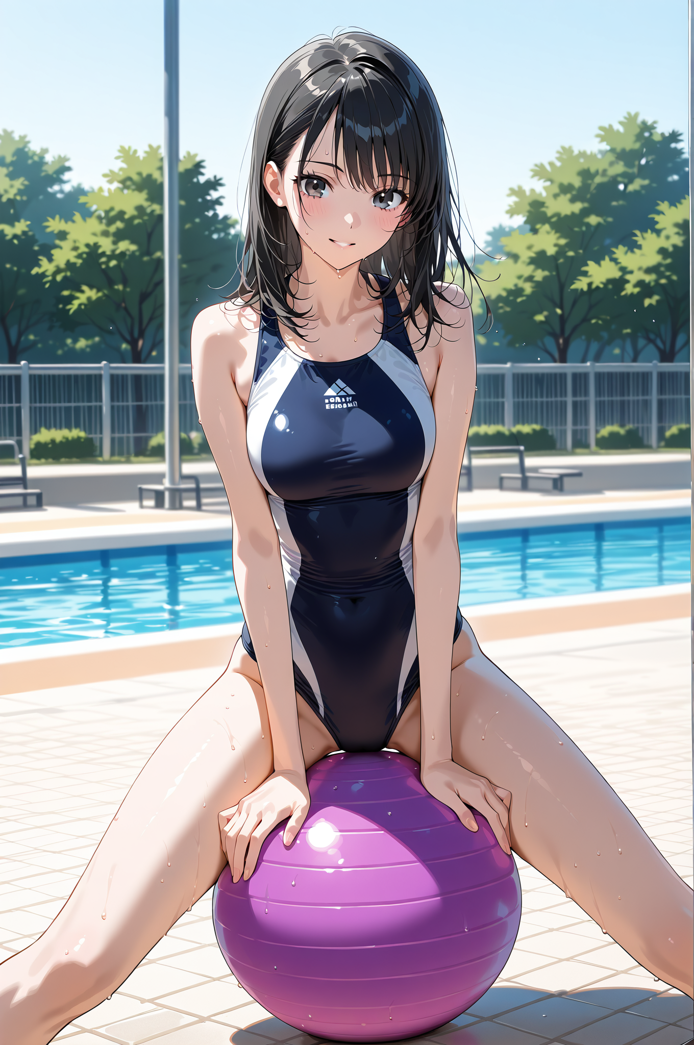 プールサイドでバランスボールを抱える黒髪の少女 #美少女 #屋外 #服装