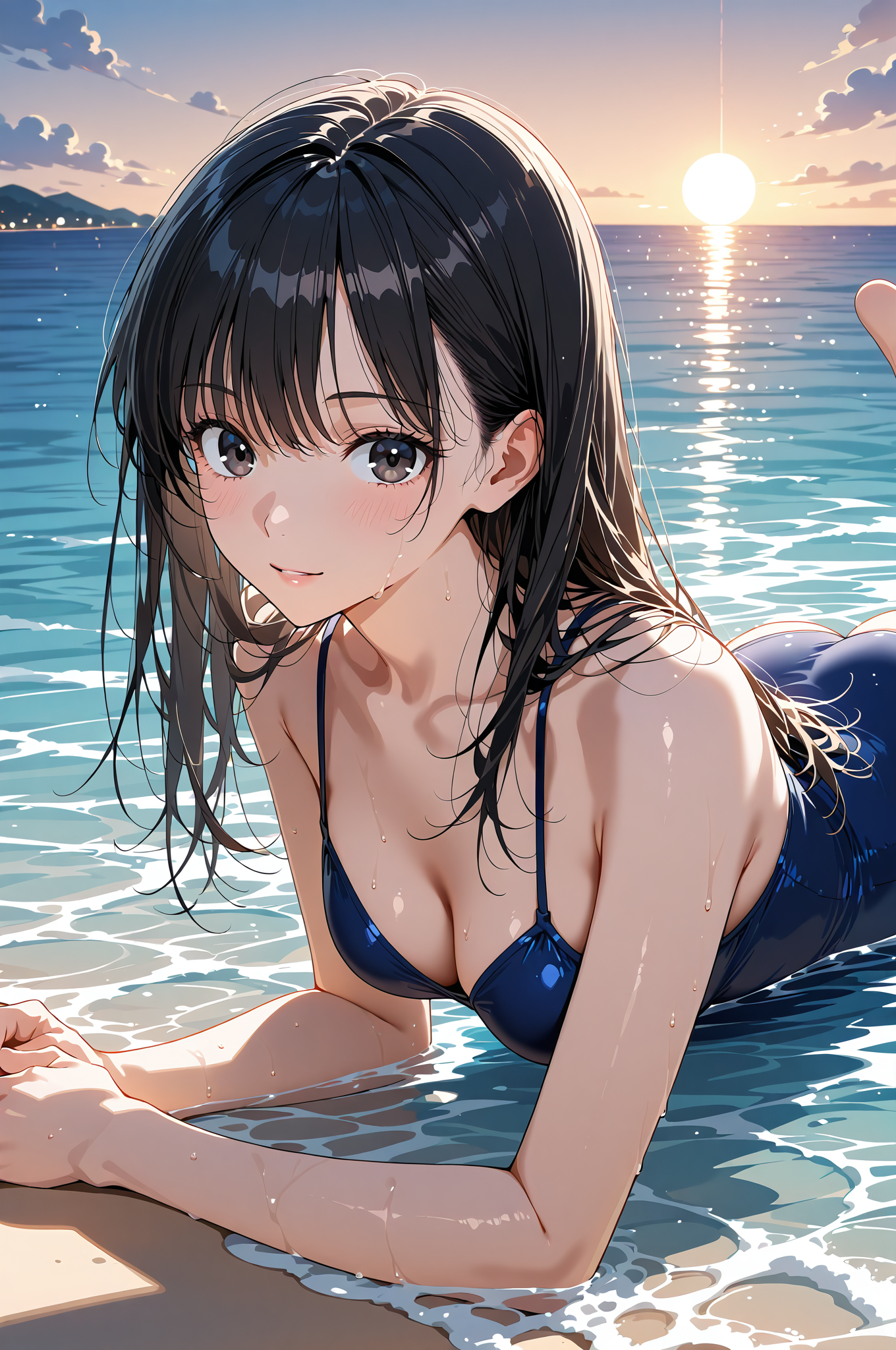 海辺の夏景色、黒髪の少女ポートレート #美少女 #アニメ #水