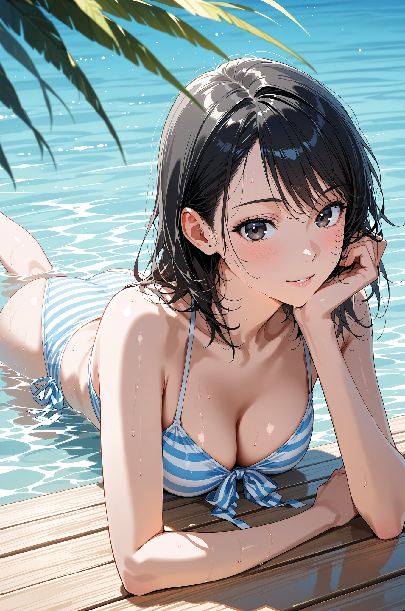 夏日の水辺でほほえむ黒髪ショートの少女 #美少女 #アニメ調 #笑顔