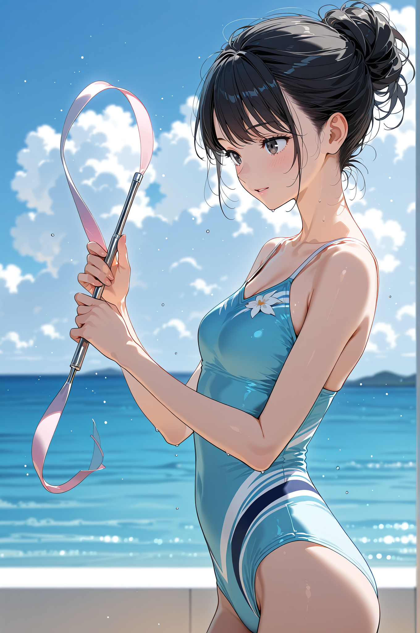 海辺の爽やかポートレート、リボン持つ笑顔 #美少女 #アニメ調 #屋外