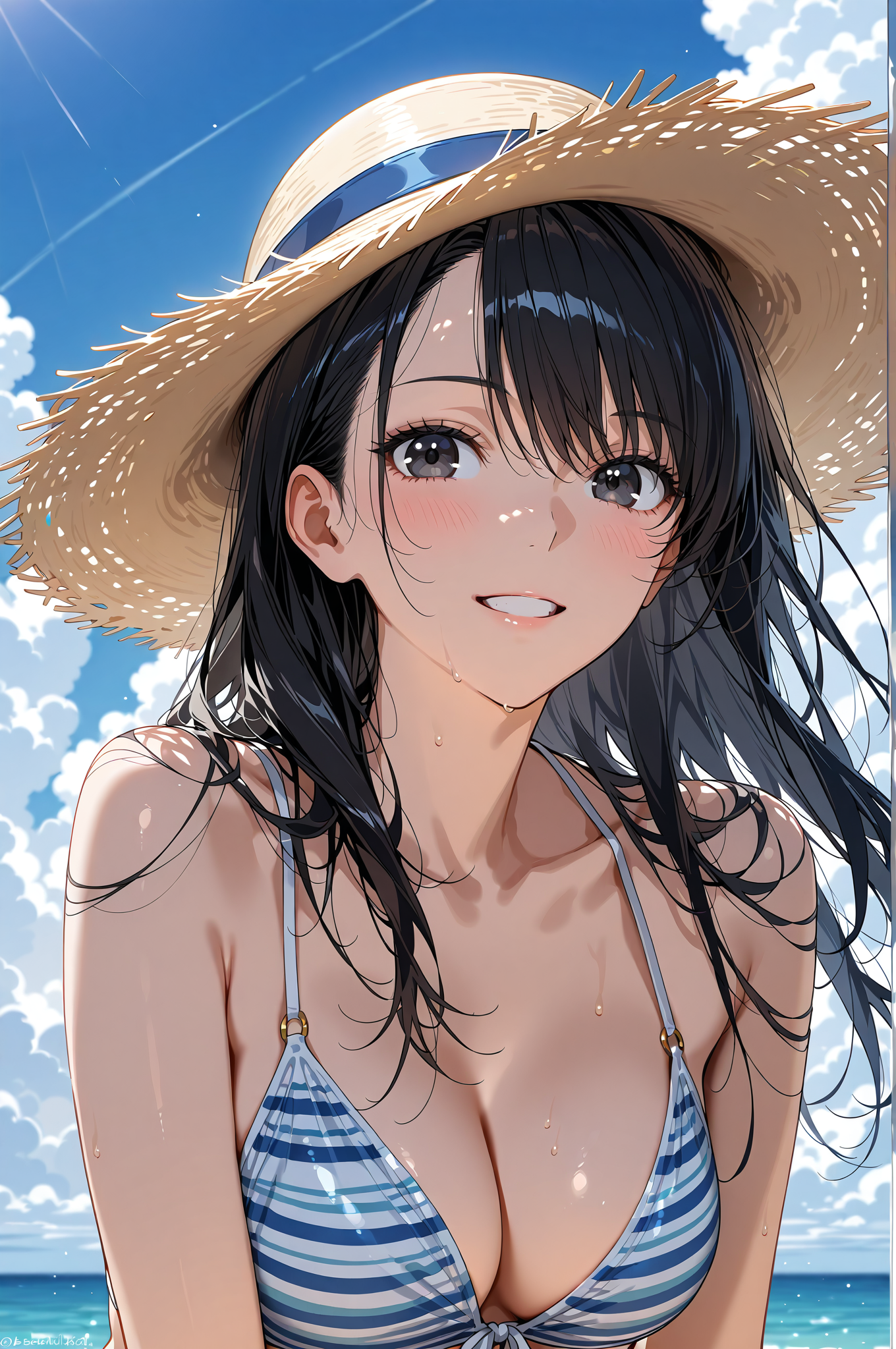 麦わら帽子の黒髪美少女、夏の海辺ポートレート #美少女 #アニメ #帽子