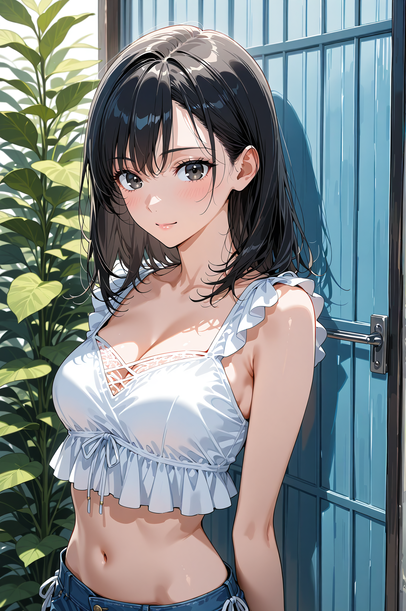 白いトップスの黒髪美少女がグリーンに笑顔 #美少女 #アニメ調 #笑顔