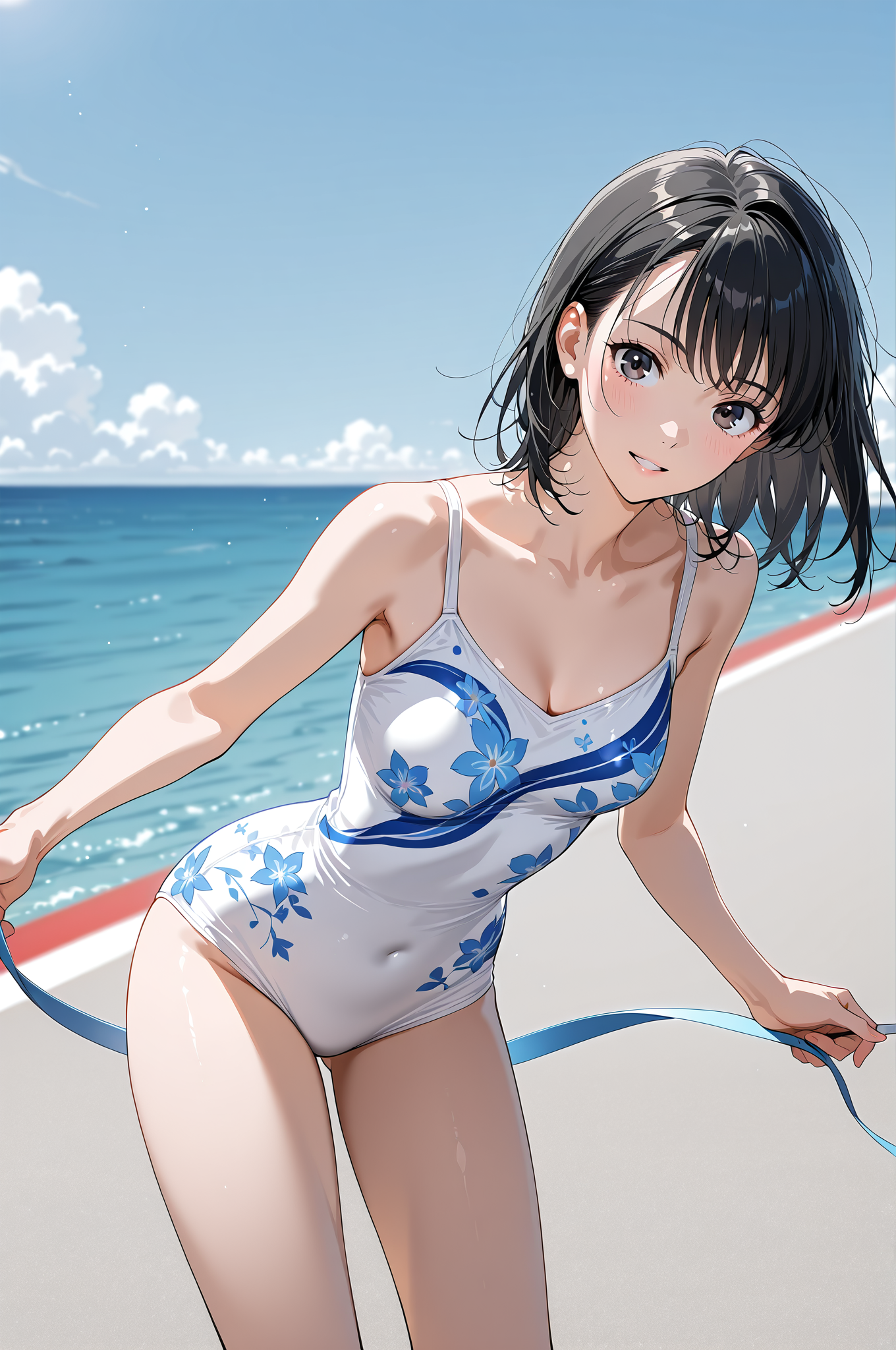 青い花模様の水着を着た黒髪少女の海辺ポートレート #美少女 #アニメ #空