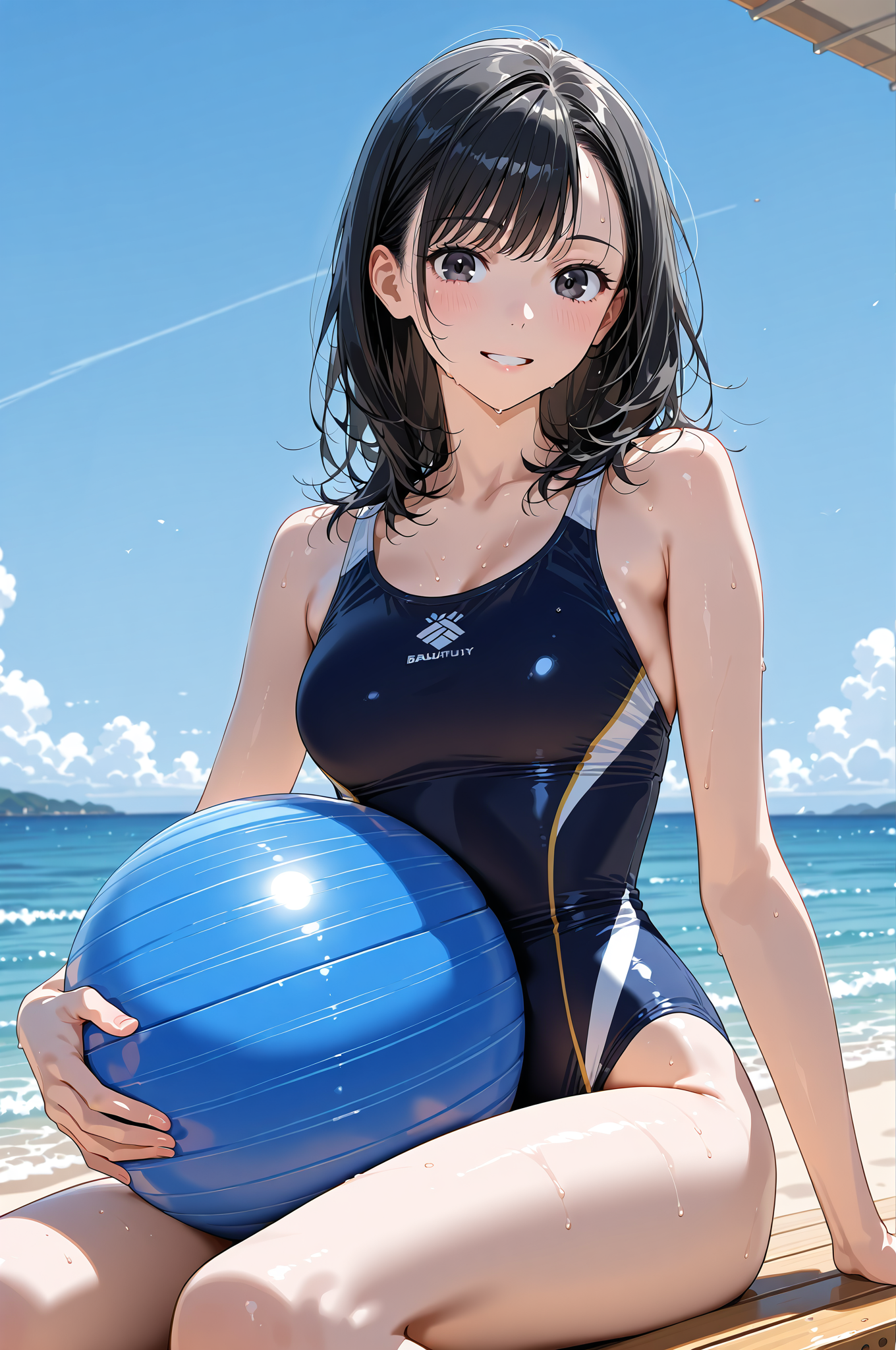 紺色スポーツウェアの少女、海辺で爽やかに #美少女 #屋外 #空