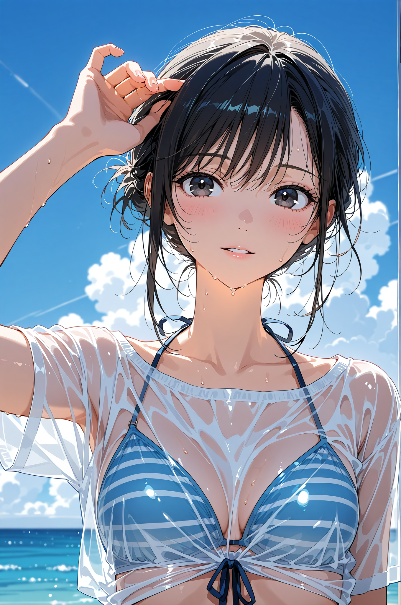 青い空と白い雲、清々しい笑顔のアニメ調ポートレート #美少女 #アニメ調 #空