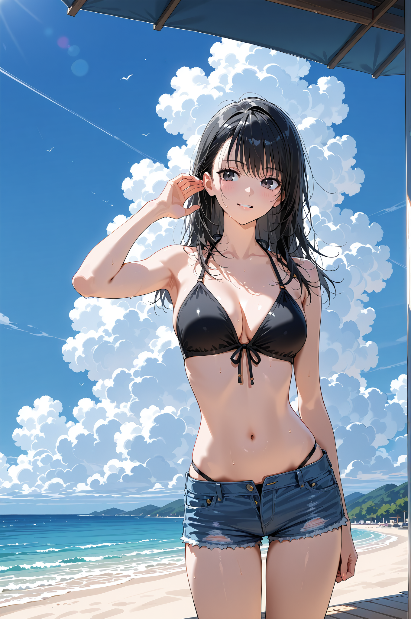 夏の海辺でリラックス、黒髪の美少女ポートレート #美少女 #屋外 #夏