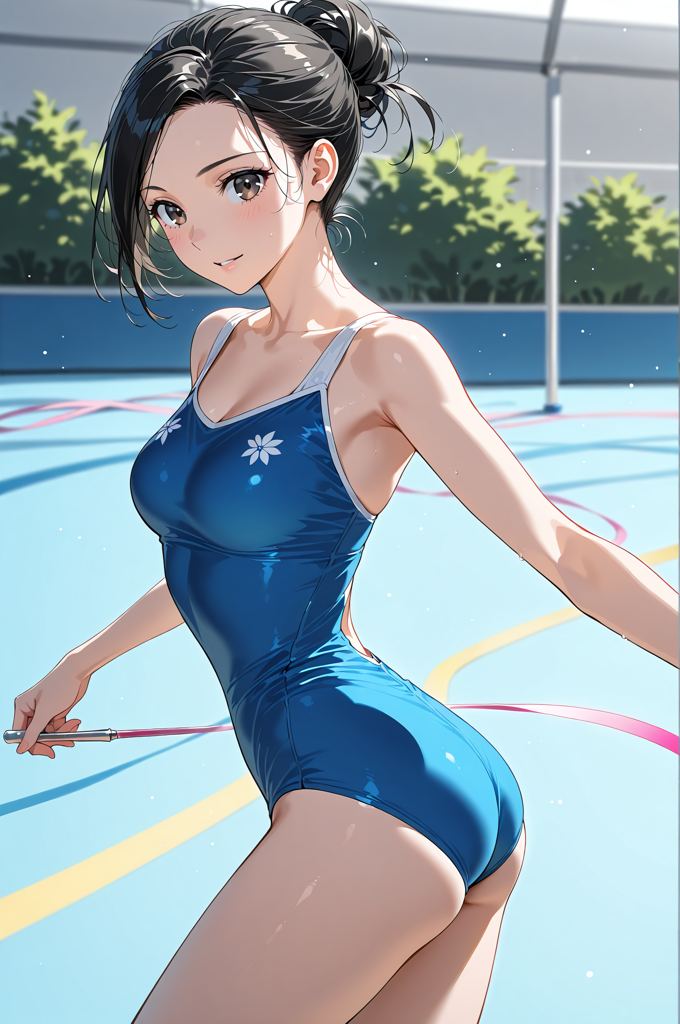 プールサイドの青い競泳着姿 #美少女 #笑顔 #アニメ調