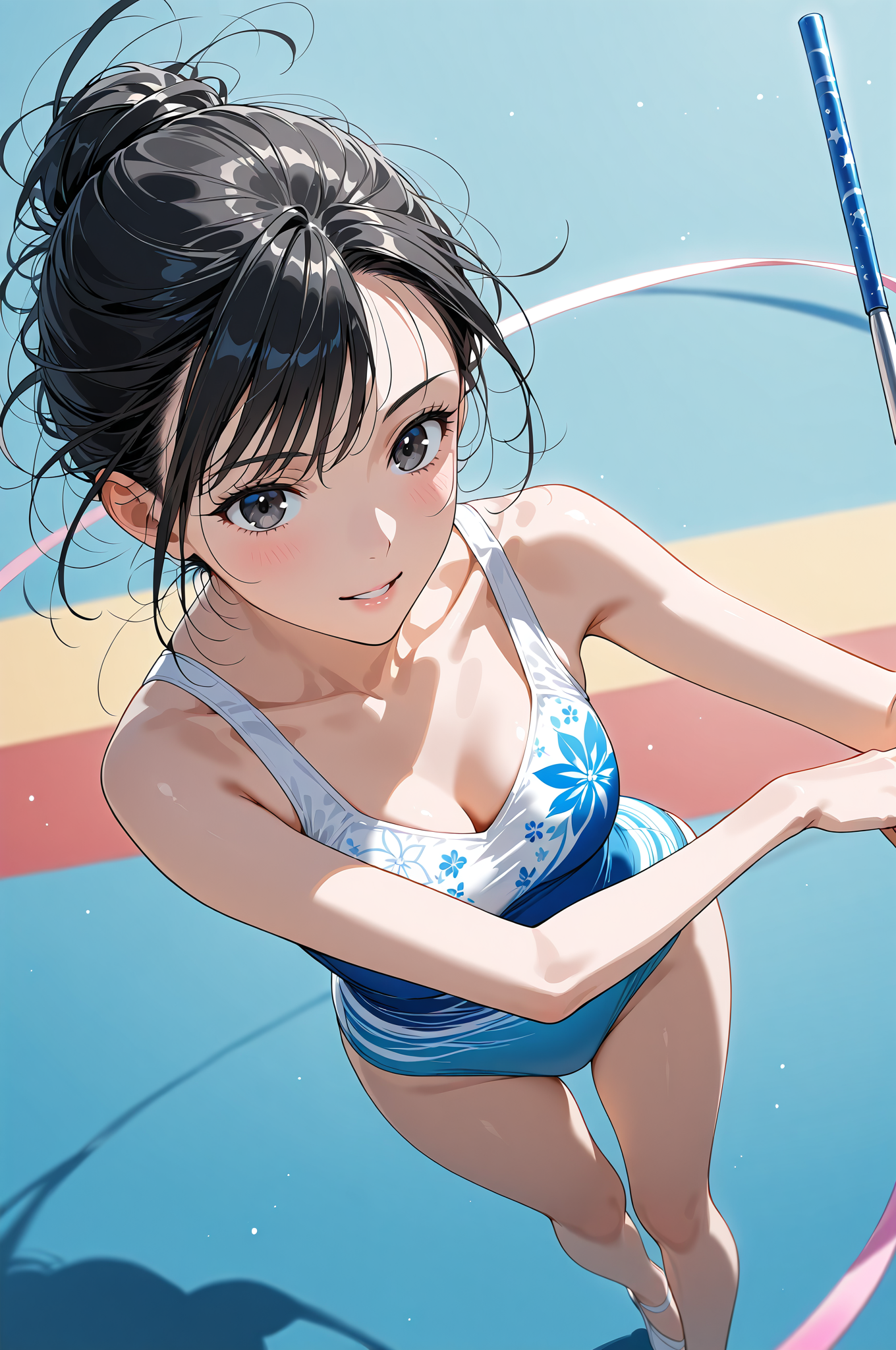 青い花柄ビキニの美少女、夏の水辺で笑顔