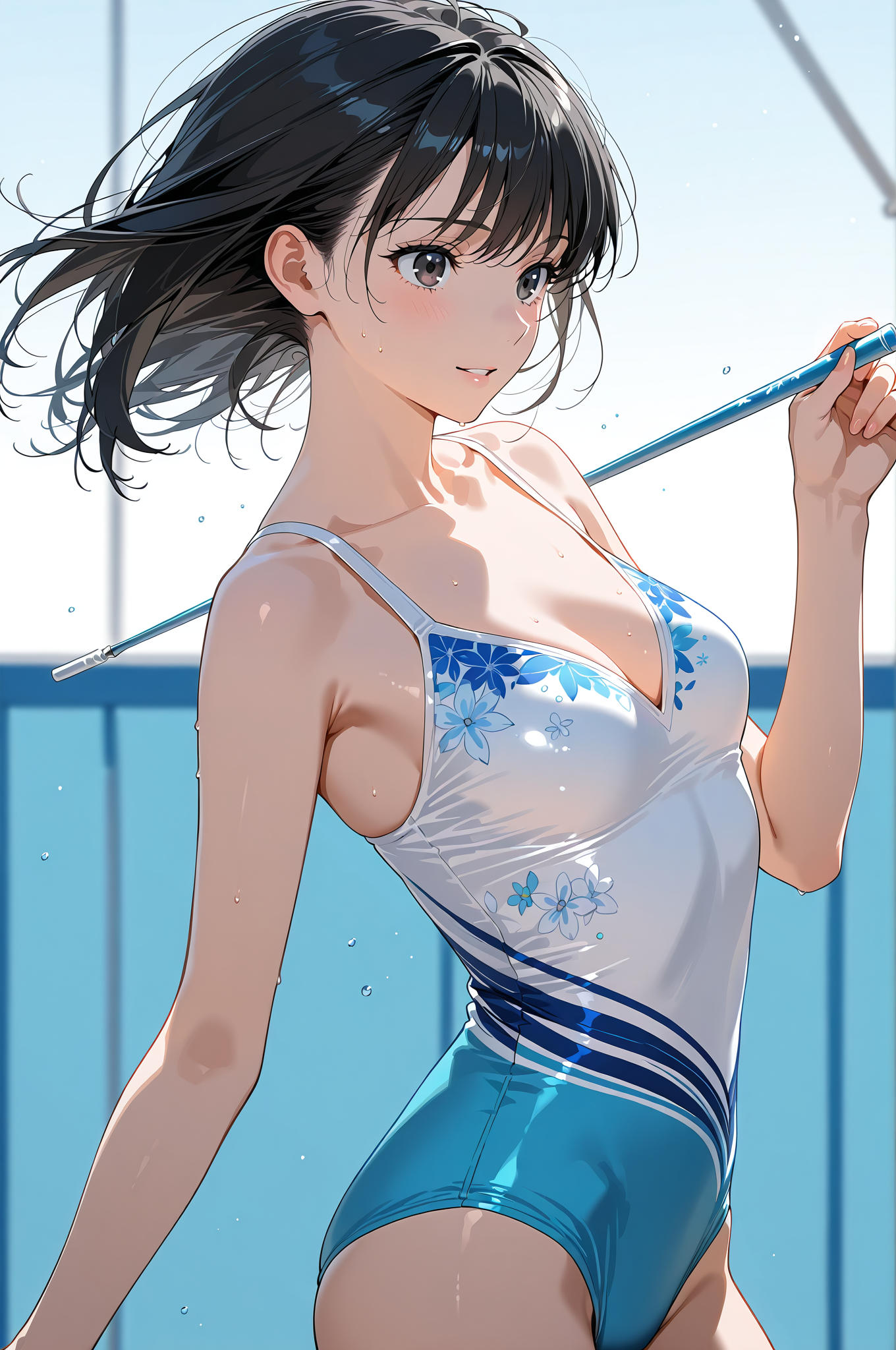 青い花柄水着の美少女ポートレート