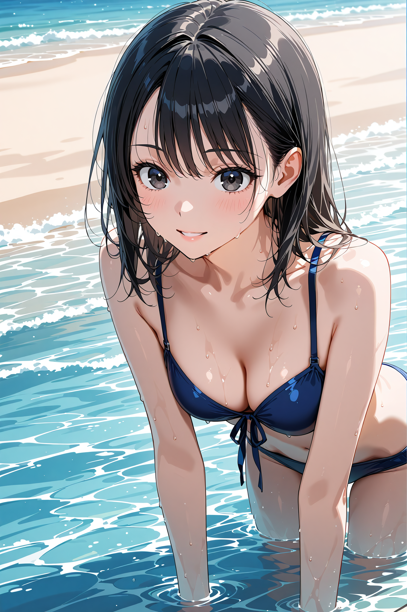 海辺の笑顔、紺色水着のポートレート #美少女 #水着 #アニメ調