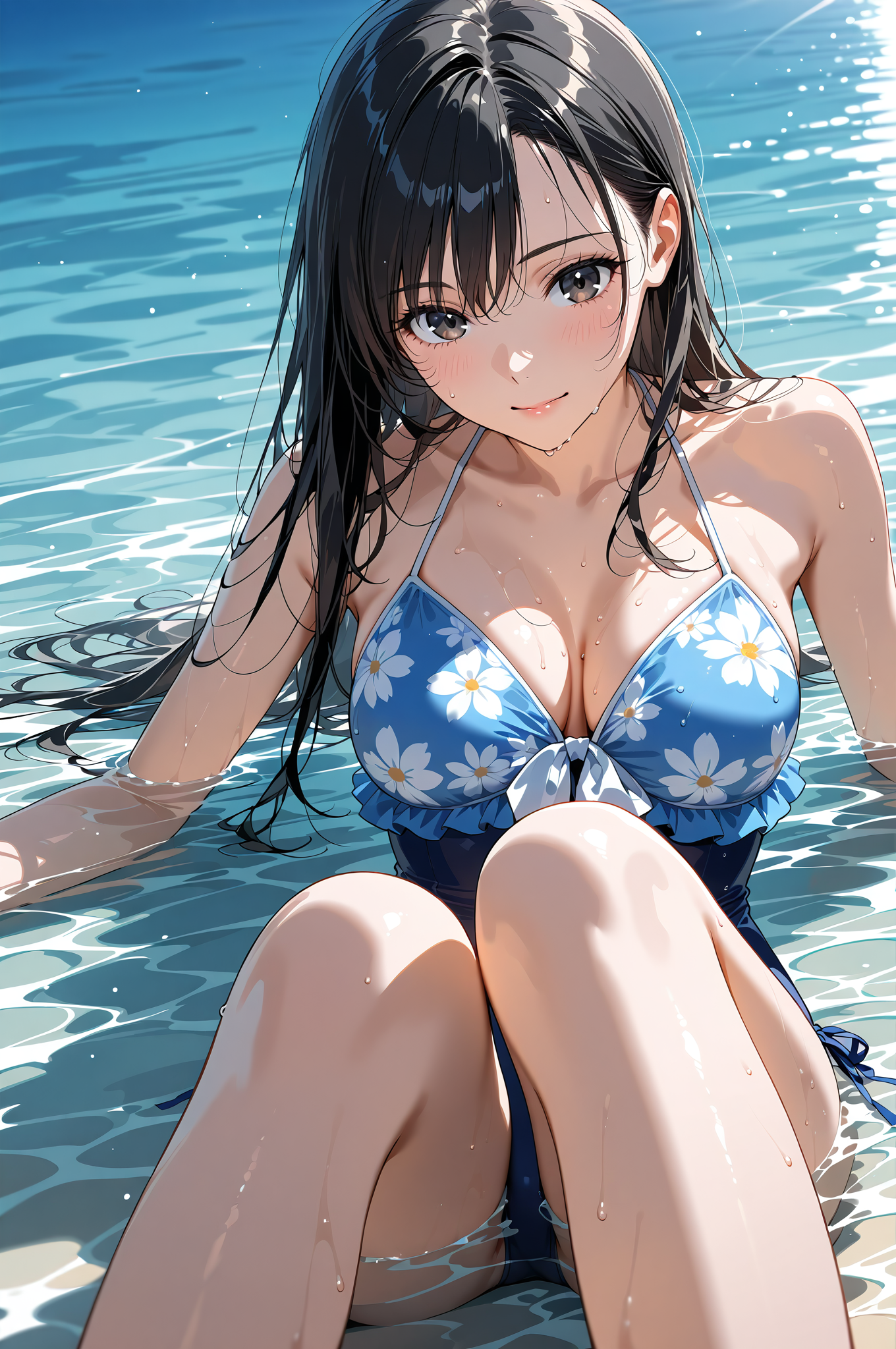 水辺の笑顔、花柄ビキニの美少女 #美少女 #アニメ調 #笑顔