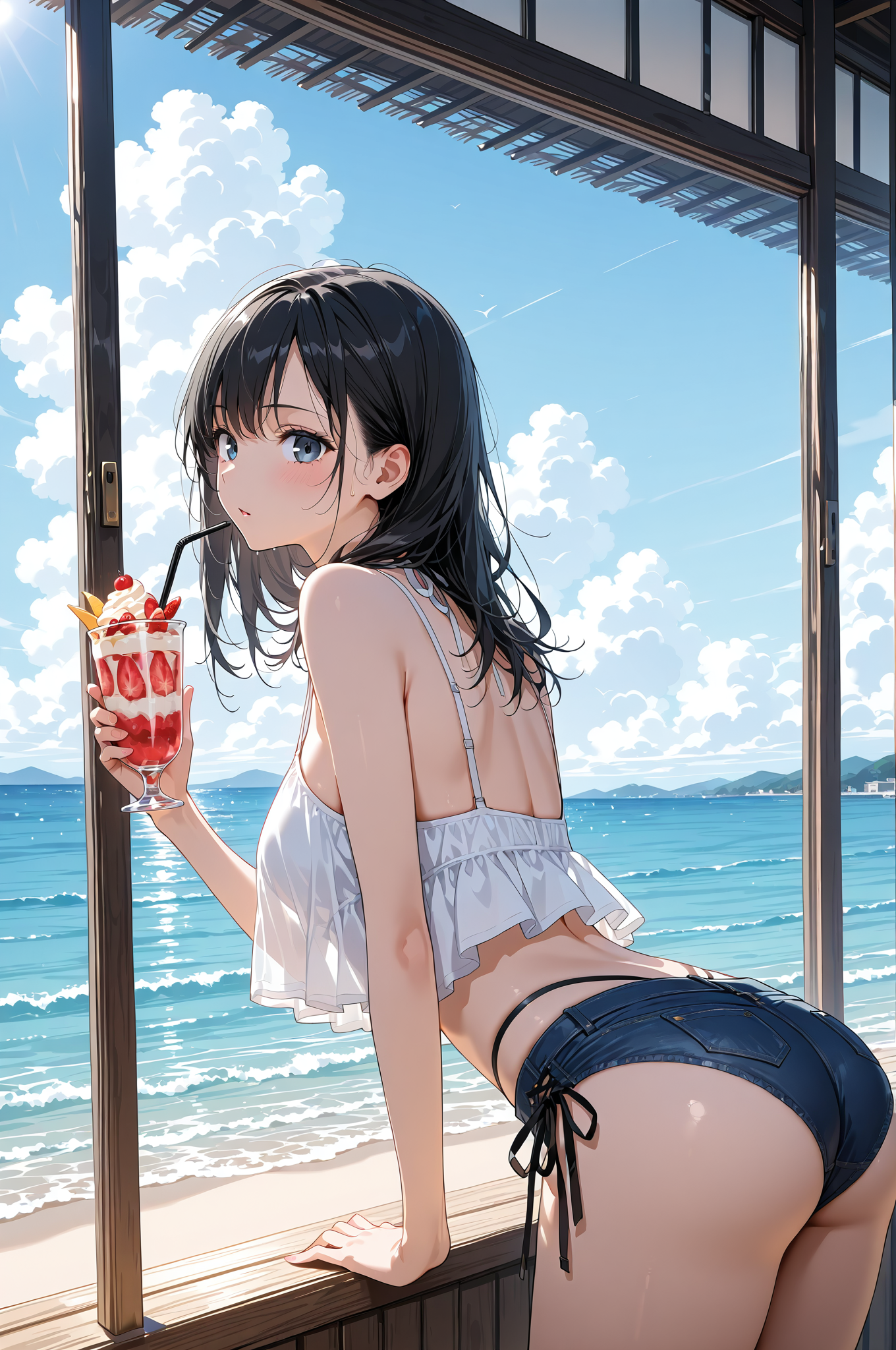 海辺のテラスで涼む黒髪の少女 #美少女 #アニメ調 #屋外