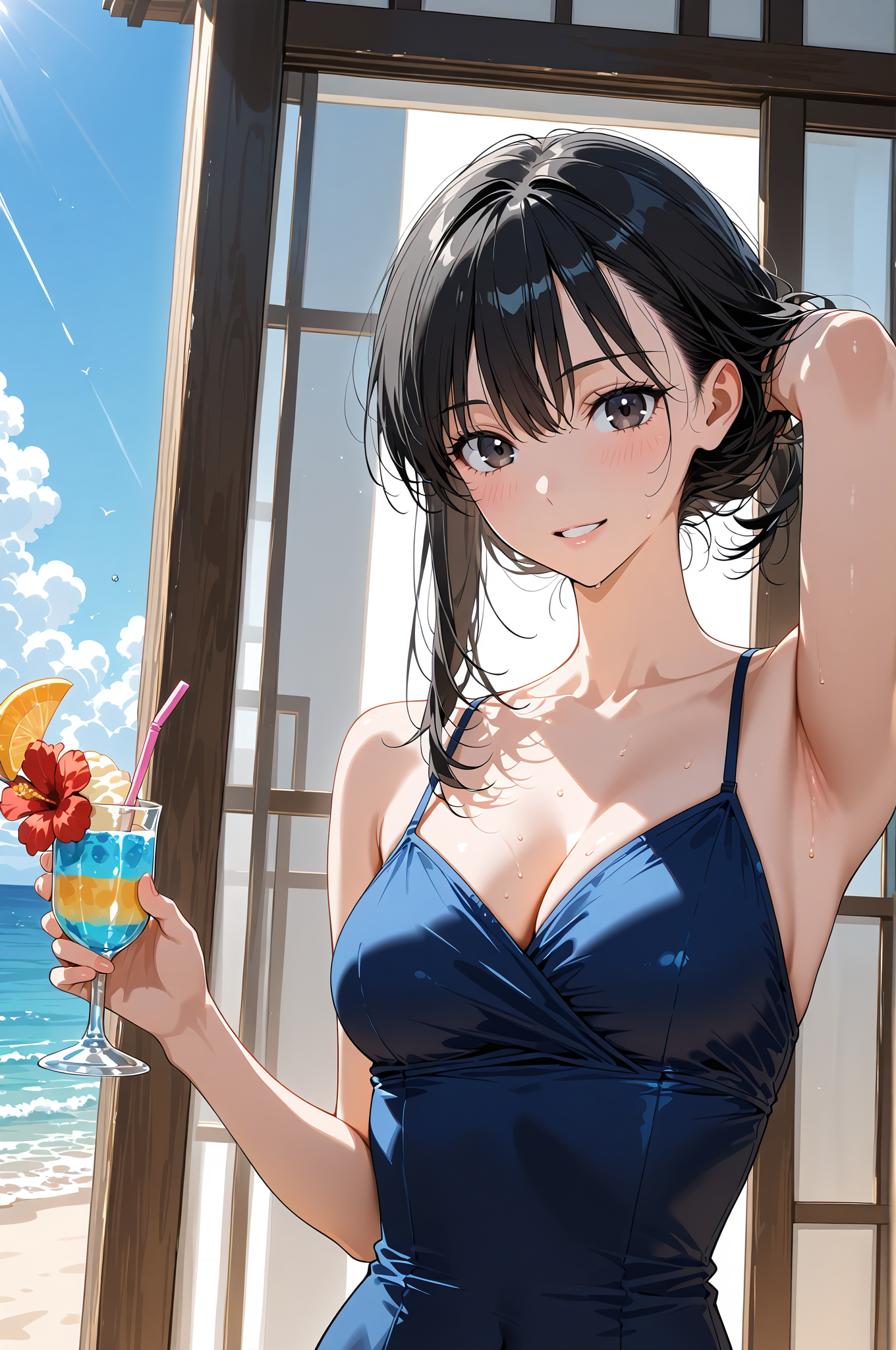 海辺のテラスで微笑む黒髪の少女 #アニメ調 #美少女 #かわいい