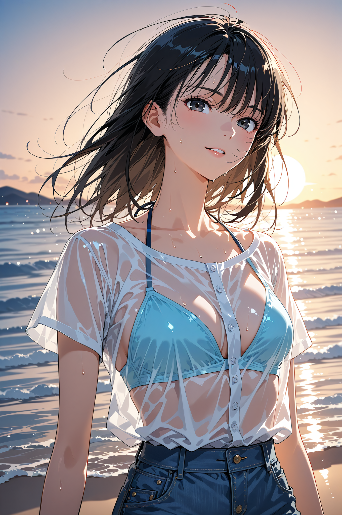 夕焼けビーチの爽やかポートレート #美少女 #アニメ調 #屋外