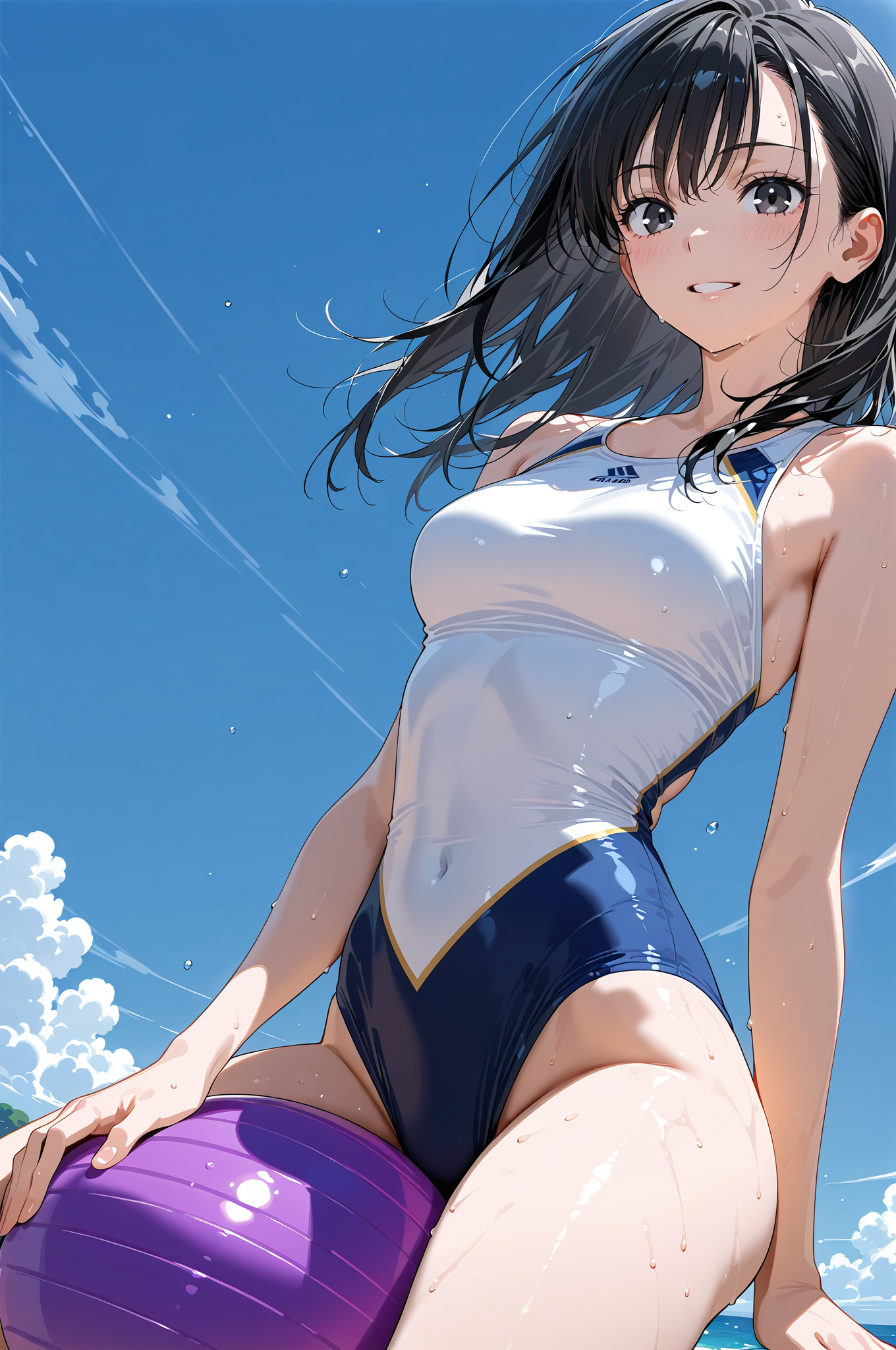 青空の下、笑顔で佇む黒髪の少女 #アニメ調 #美少女 #空