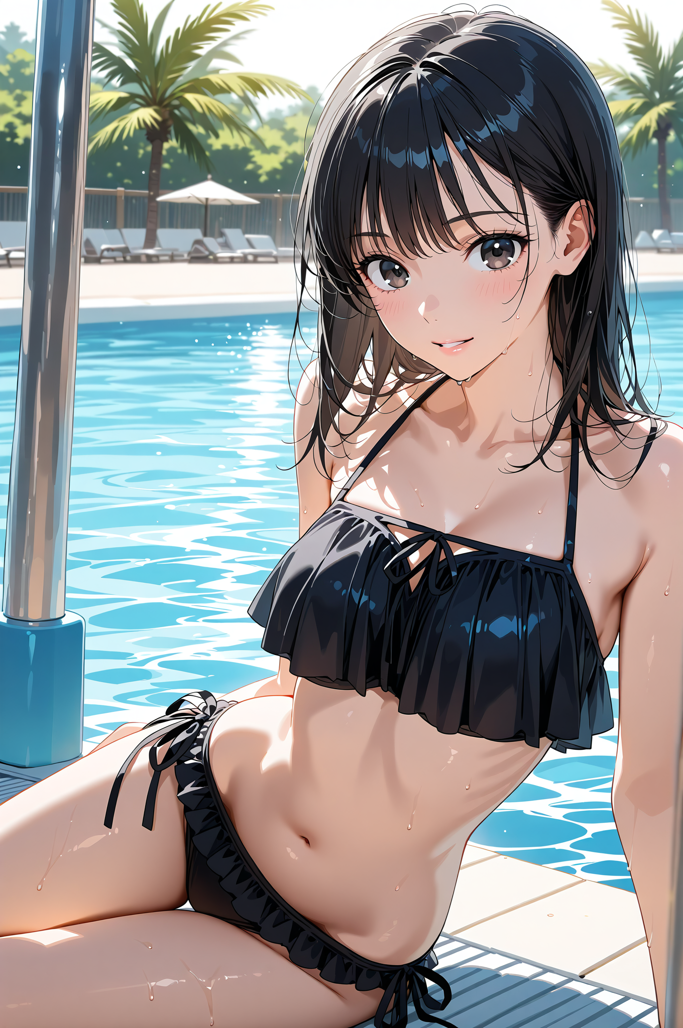 プール際の黒髪美少女、爽やかな笑顔 #美少女 #屋外 #アニメ調