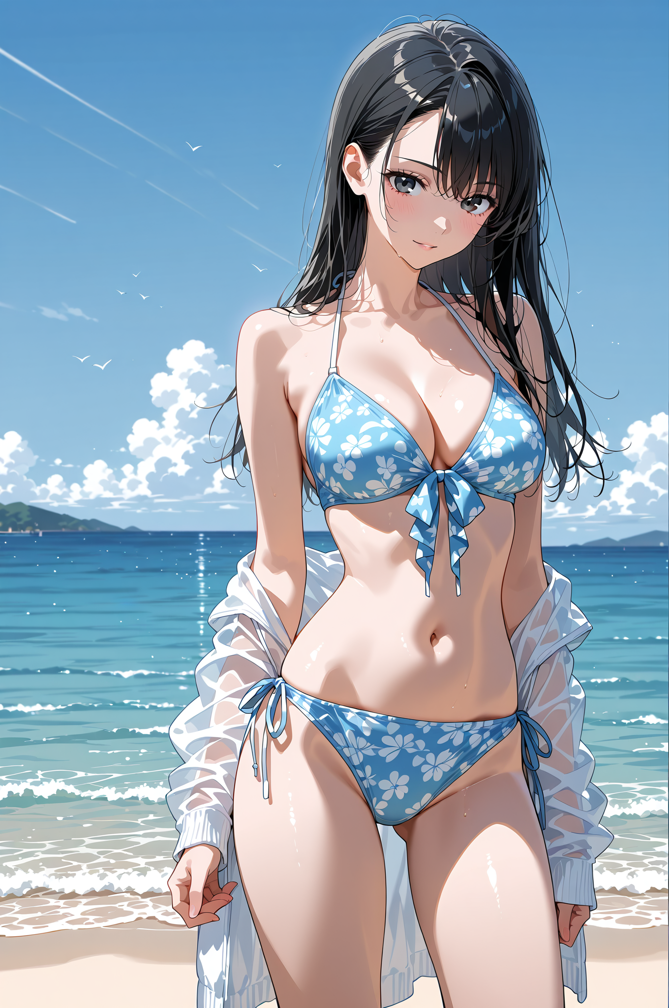 青い花柄ビキニの海辺ポートレート #美少女 #水着 #ビキニ