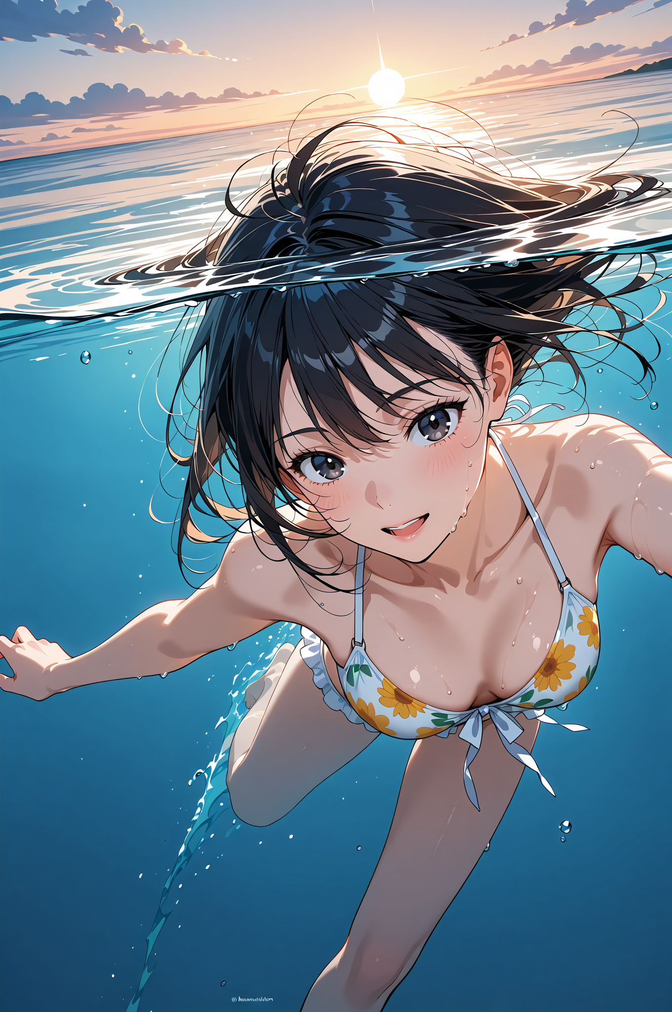水中で輝く黒髪の少女、夏の青い世界 #アニメ調 #美少女 #空