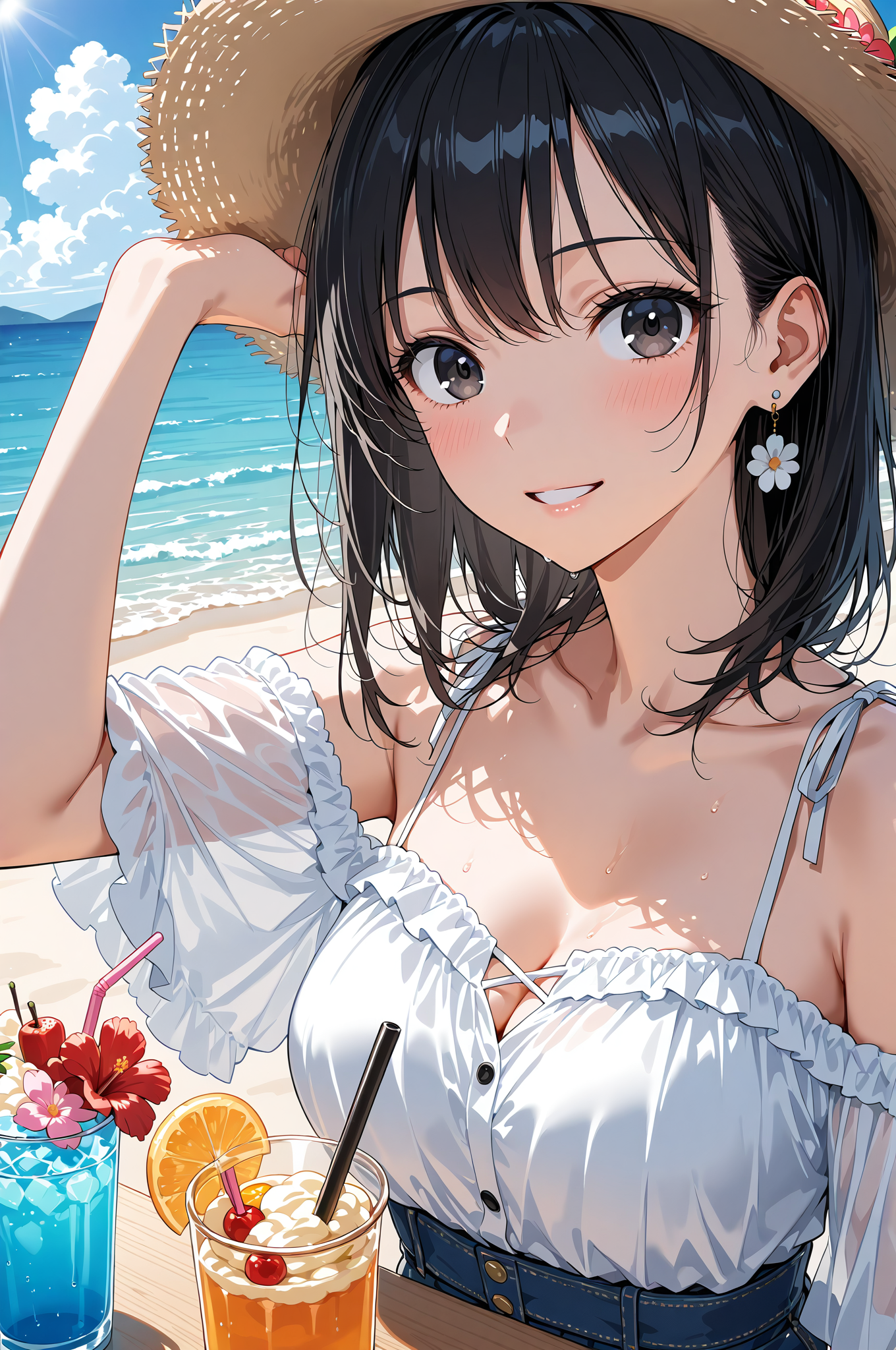 麦わら帽子とトロピカルドリンク、浜辺のポートレート #美少女 #アニメ調 #かわいい