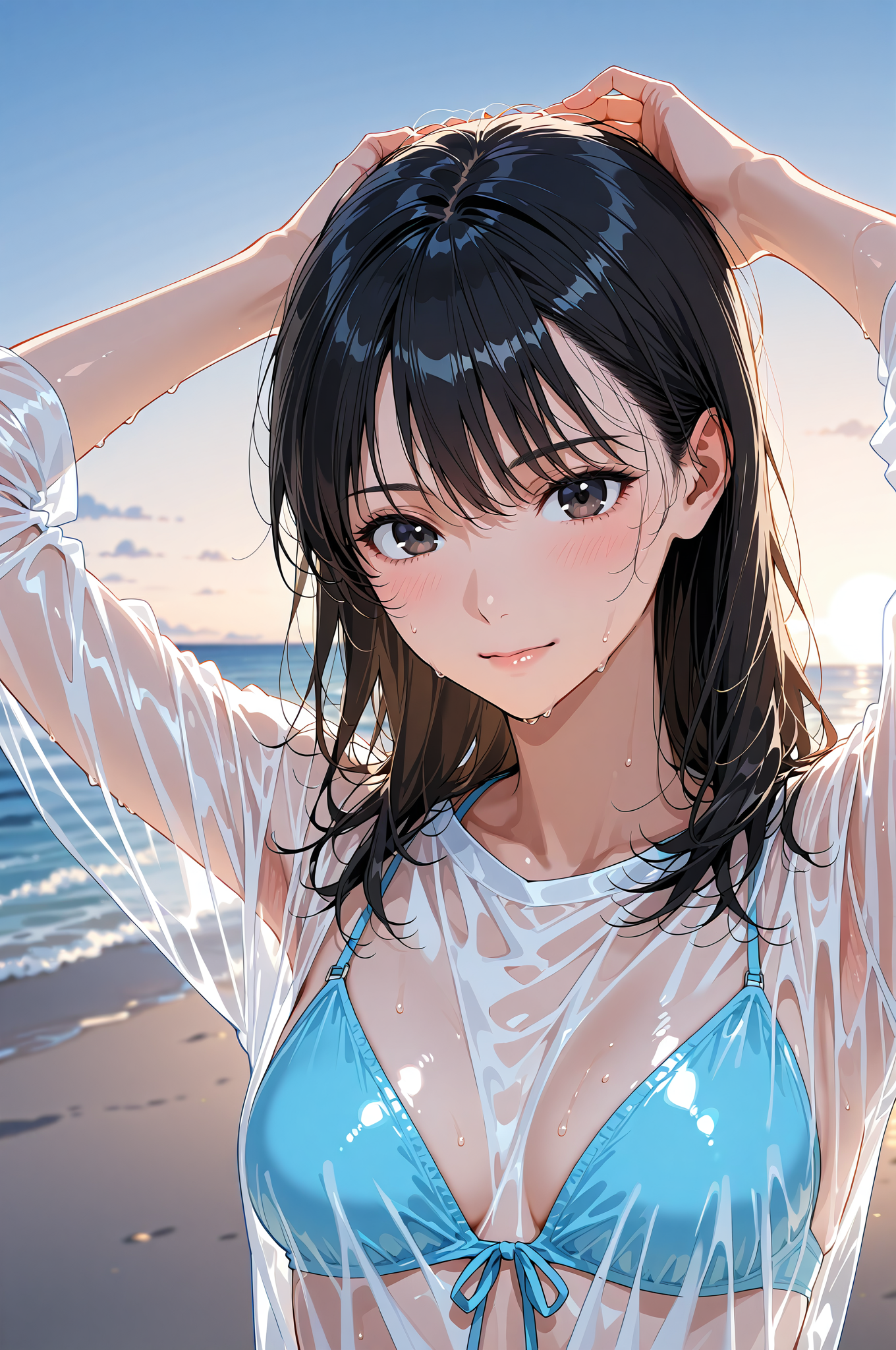 海辺のポートレート、黒髪の美少女 #美少女 #アニメ調 #かわいい