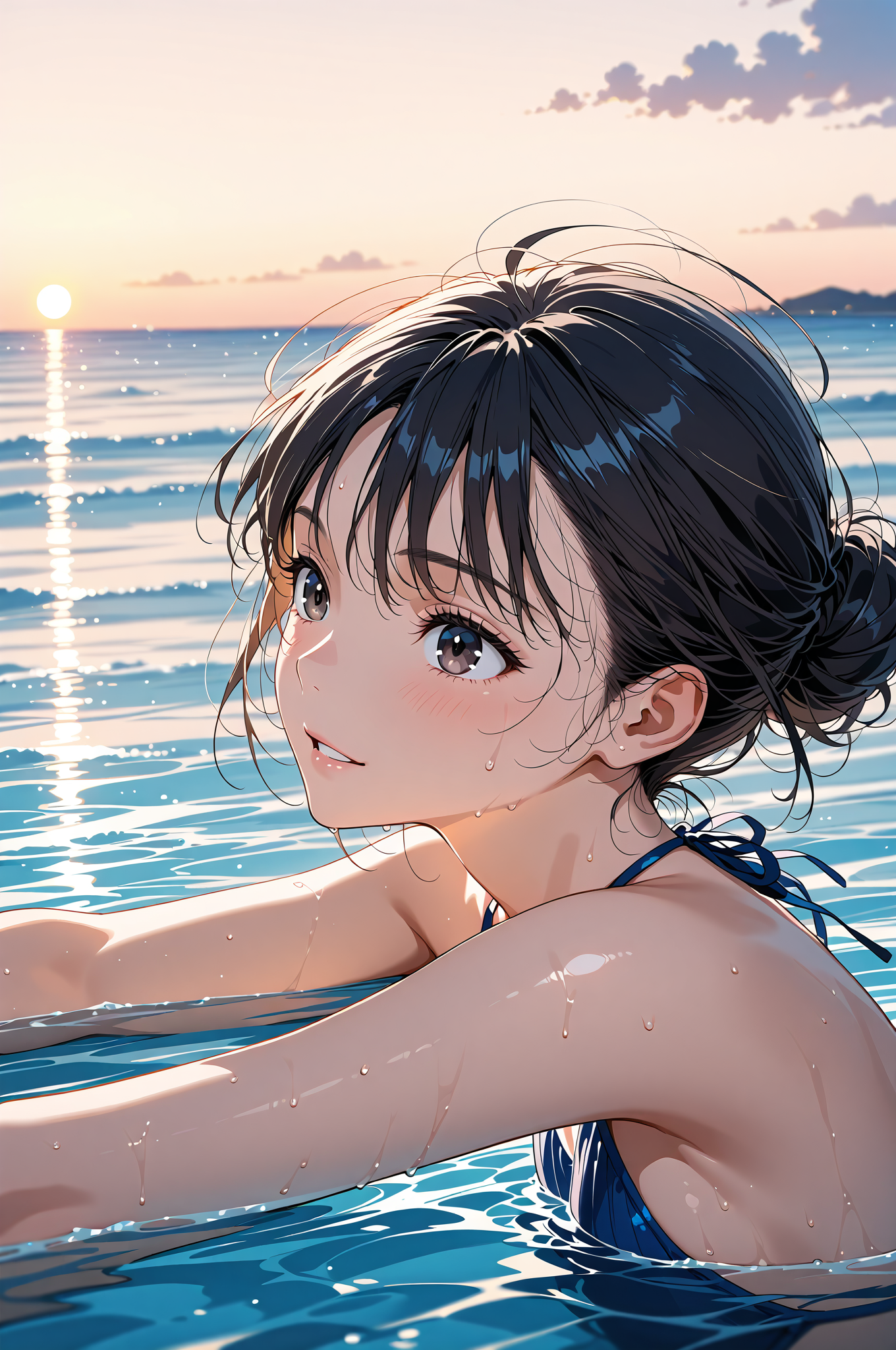 夕陽の海で振り返る、黒髪の少女 #美少女 #水着 #プール