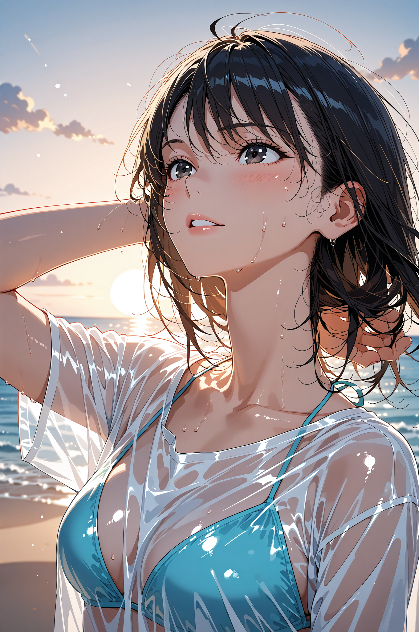 海辺の夕焼けに映る黒髪の少女 #アニメ調 #美少女 #空