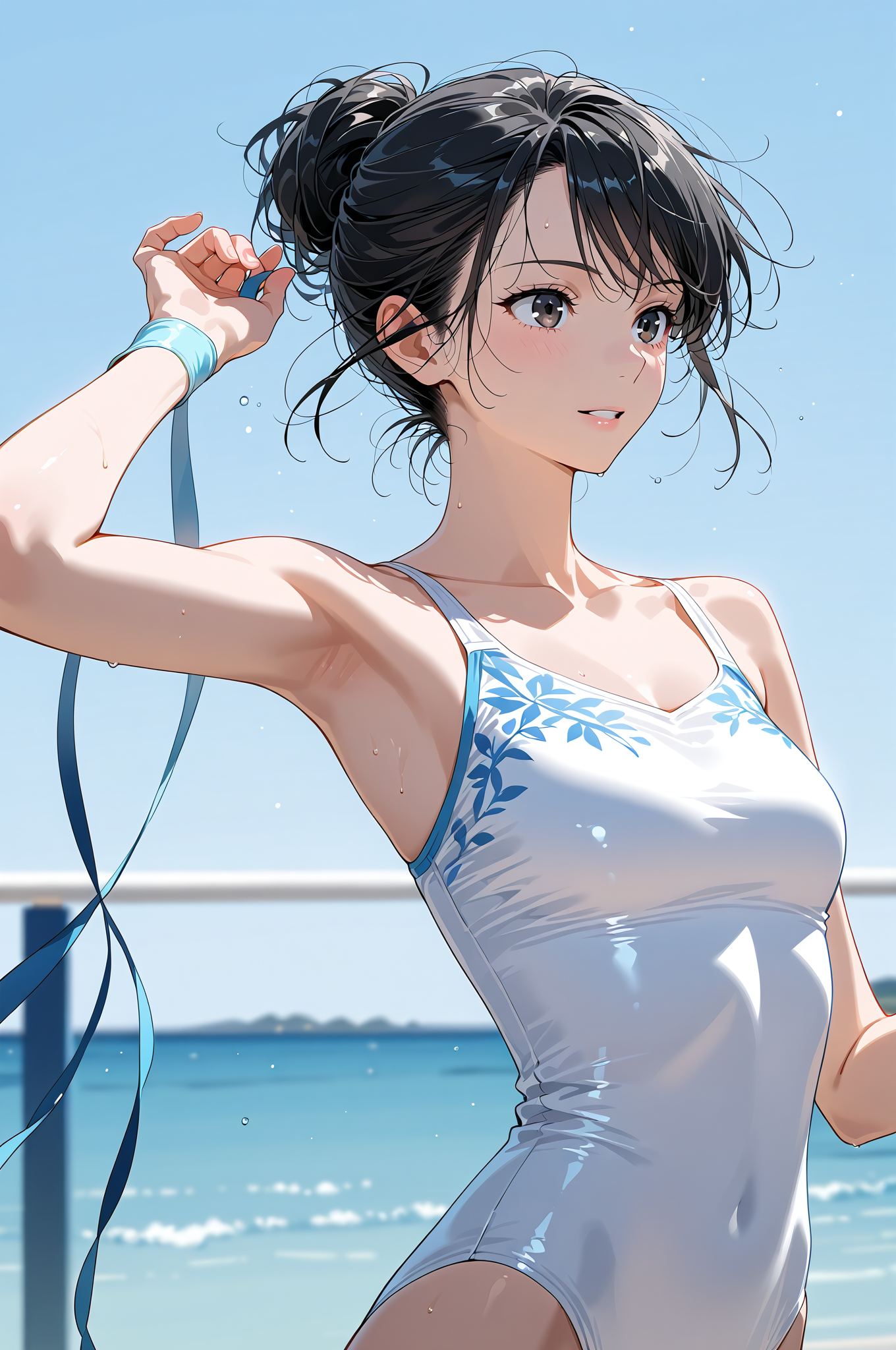 青い空と海をバックに、白い水着姿の少女 #美少女 #水着 #青空