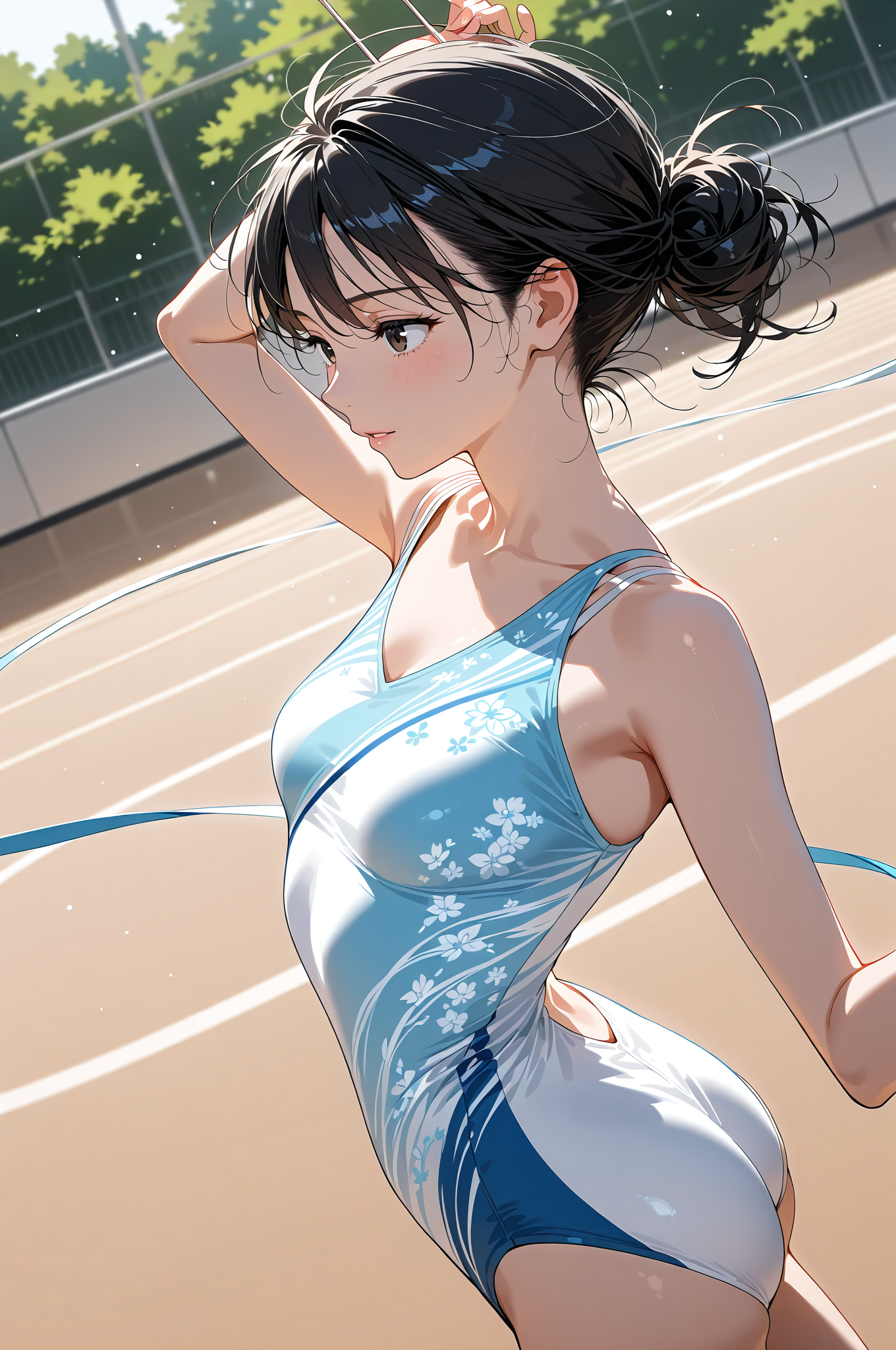 爽やかな笑顔のポートレート、青い花柄スイムウェア #美少女 #屋外 #自然