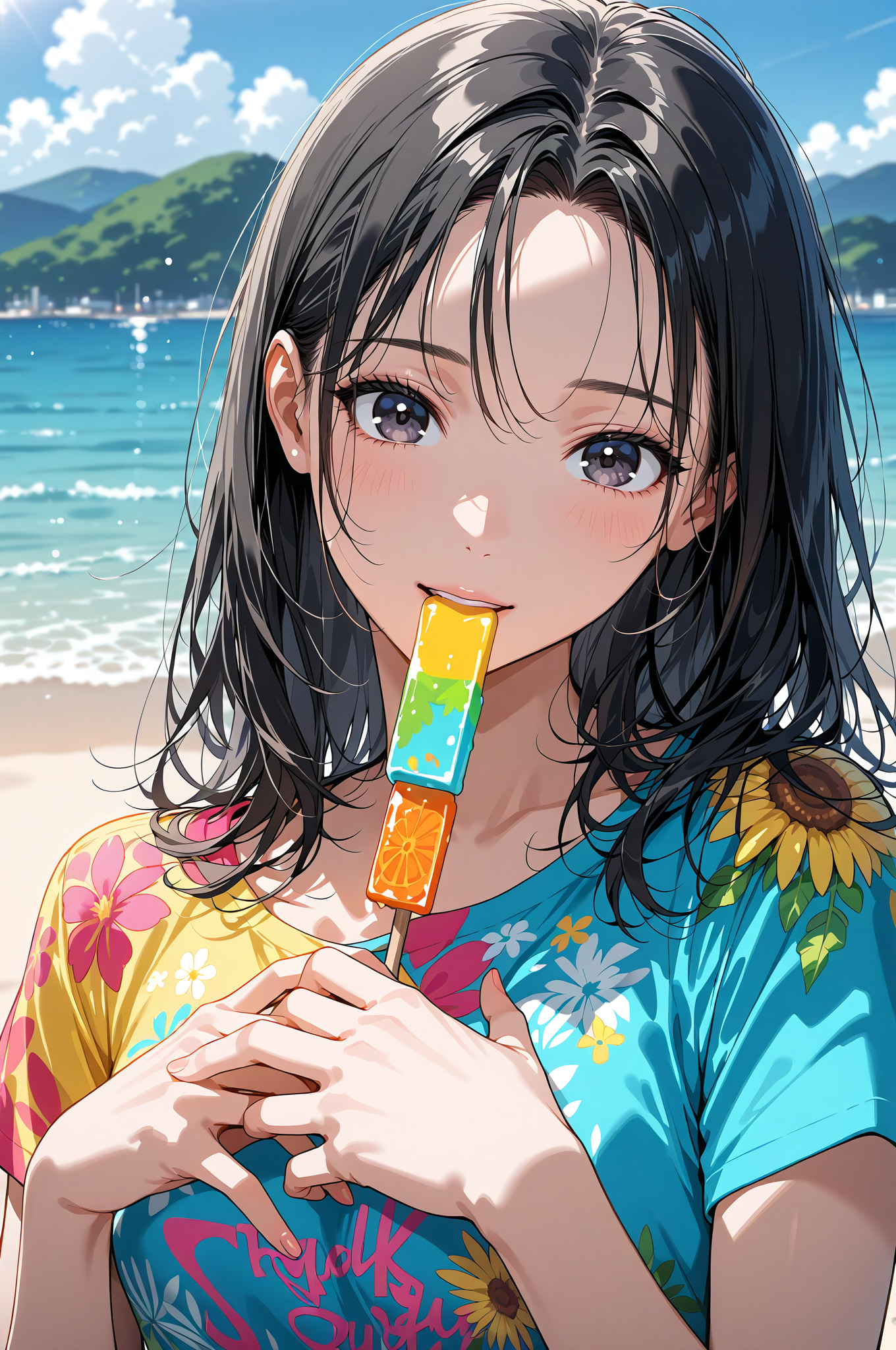 海辺でカラフルなアイスを食べる黒髪の少女 #美少女 #屋外 #笑顔