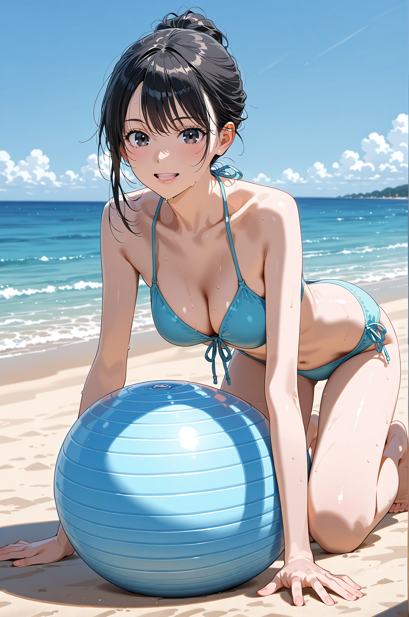 海辺のビキニ姿、青い球を抱く美少女 #美少女 #水着 #ビキニ