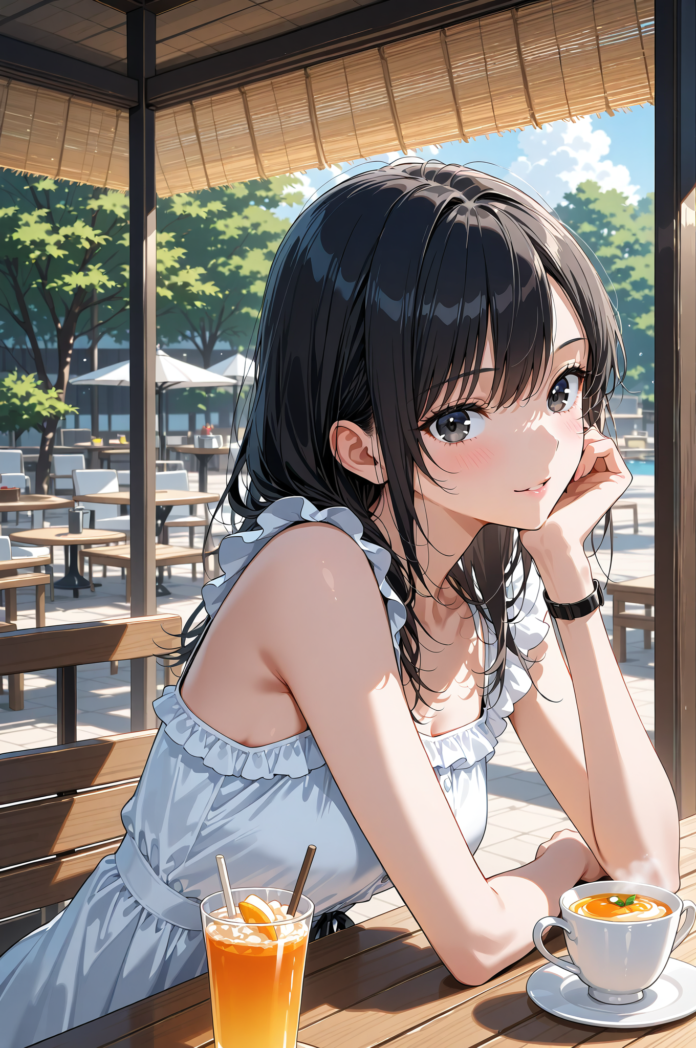 青のワンピで過ごす爽やかなカフェタイム #美少女 #アニメ調 #かわいい