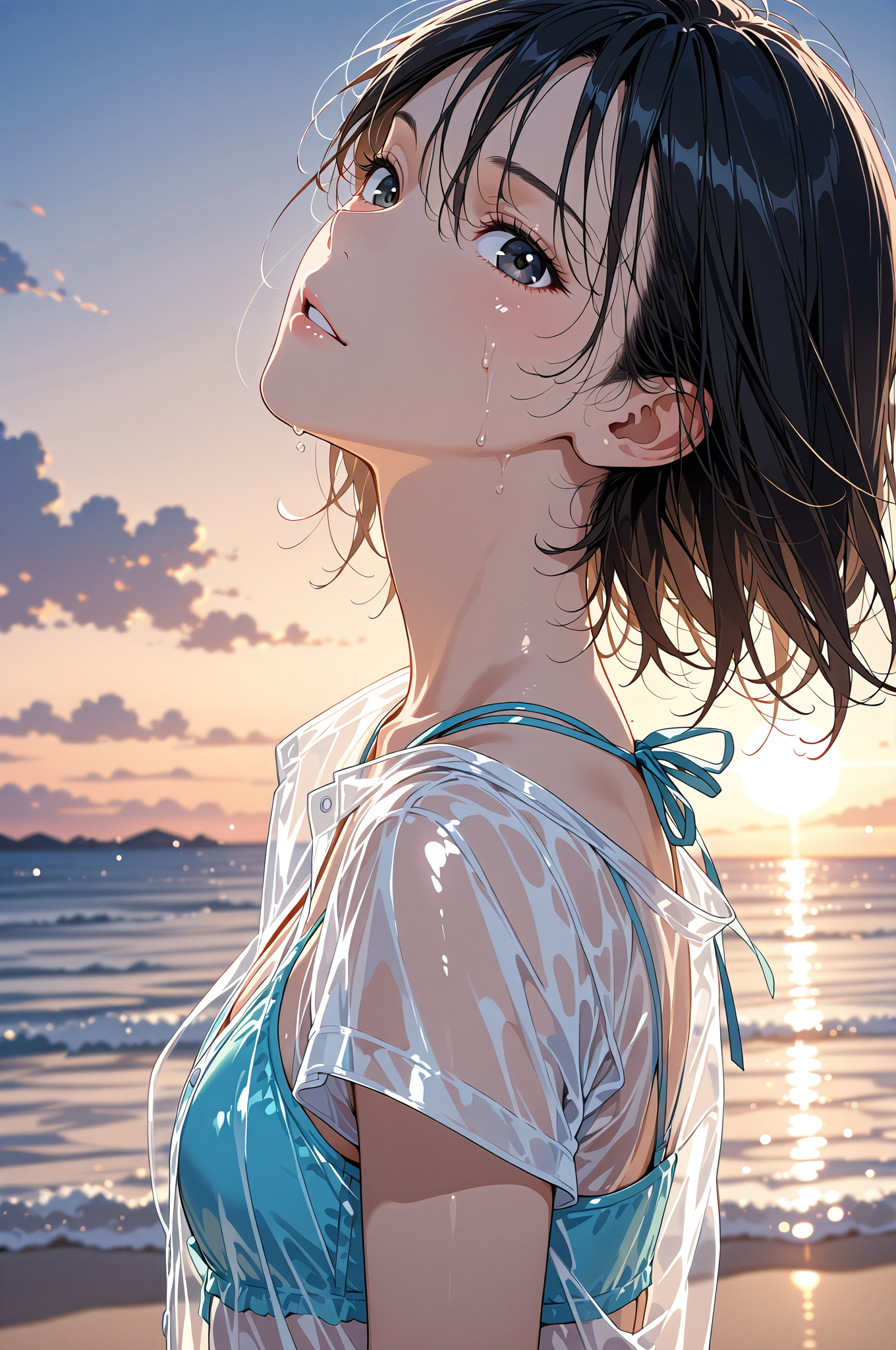 夕焼け海辺の横顔ポートレート #美少女 #アニメ #空