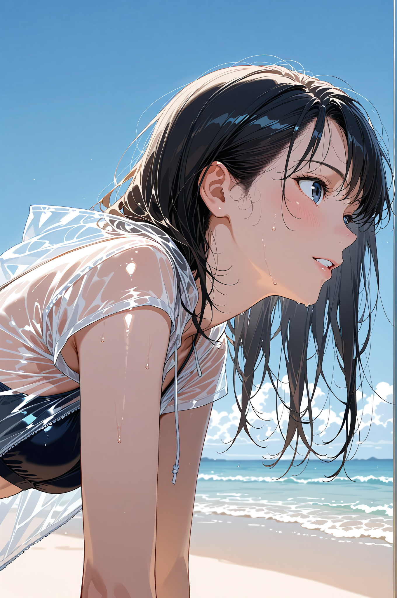 青空と海に映える黒髪ポートレート #美少女 #アニメ #屋外