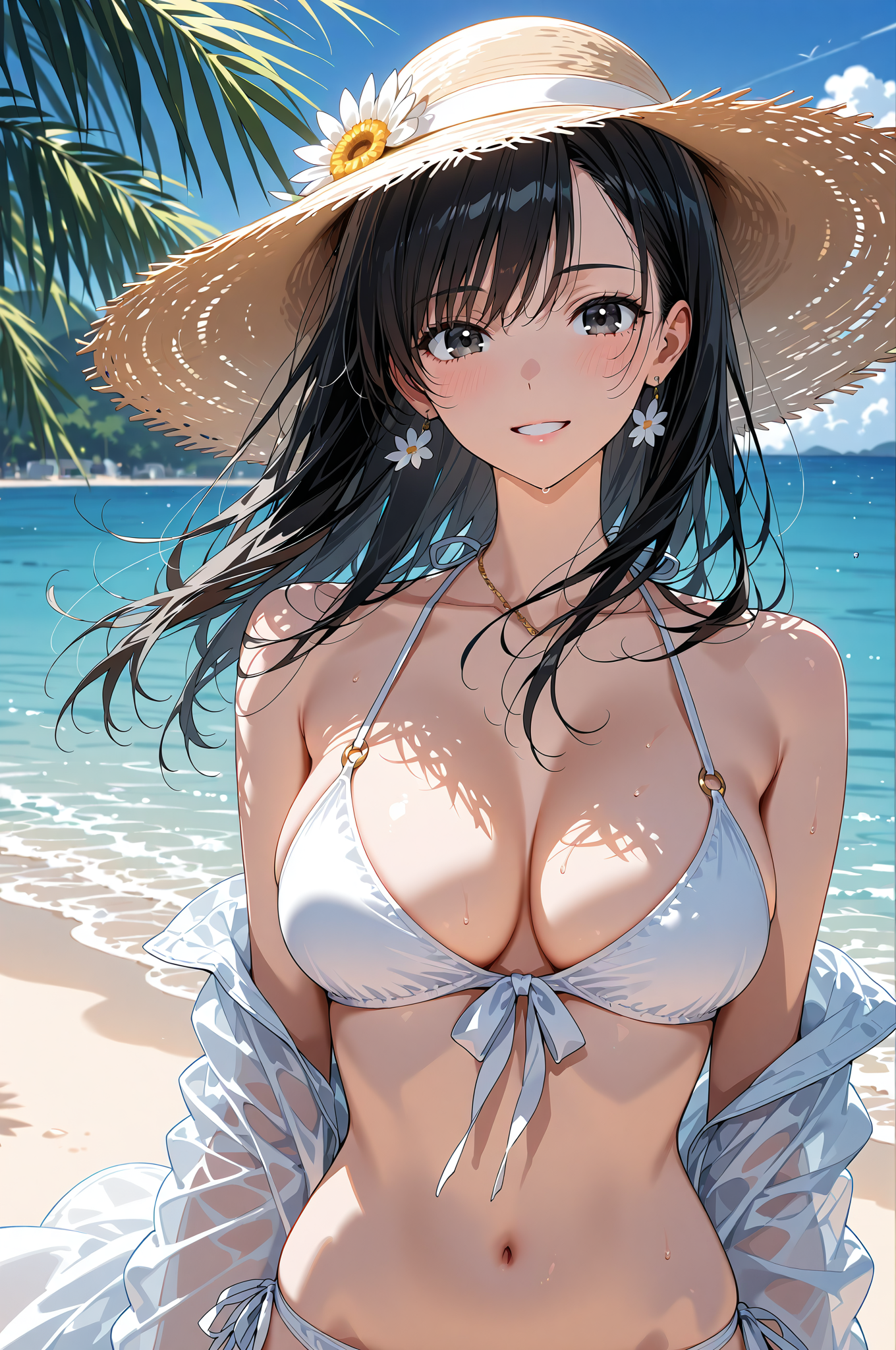 麦わら帽子とリボンの浜辺ポートレート #水着 #美少女 #ビキニ
