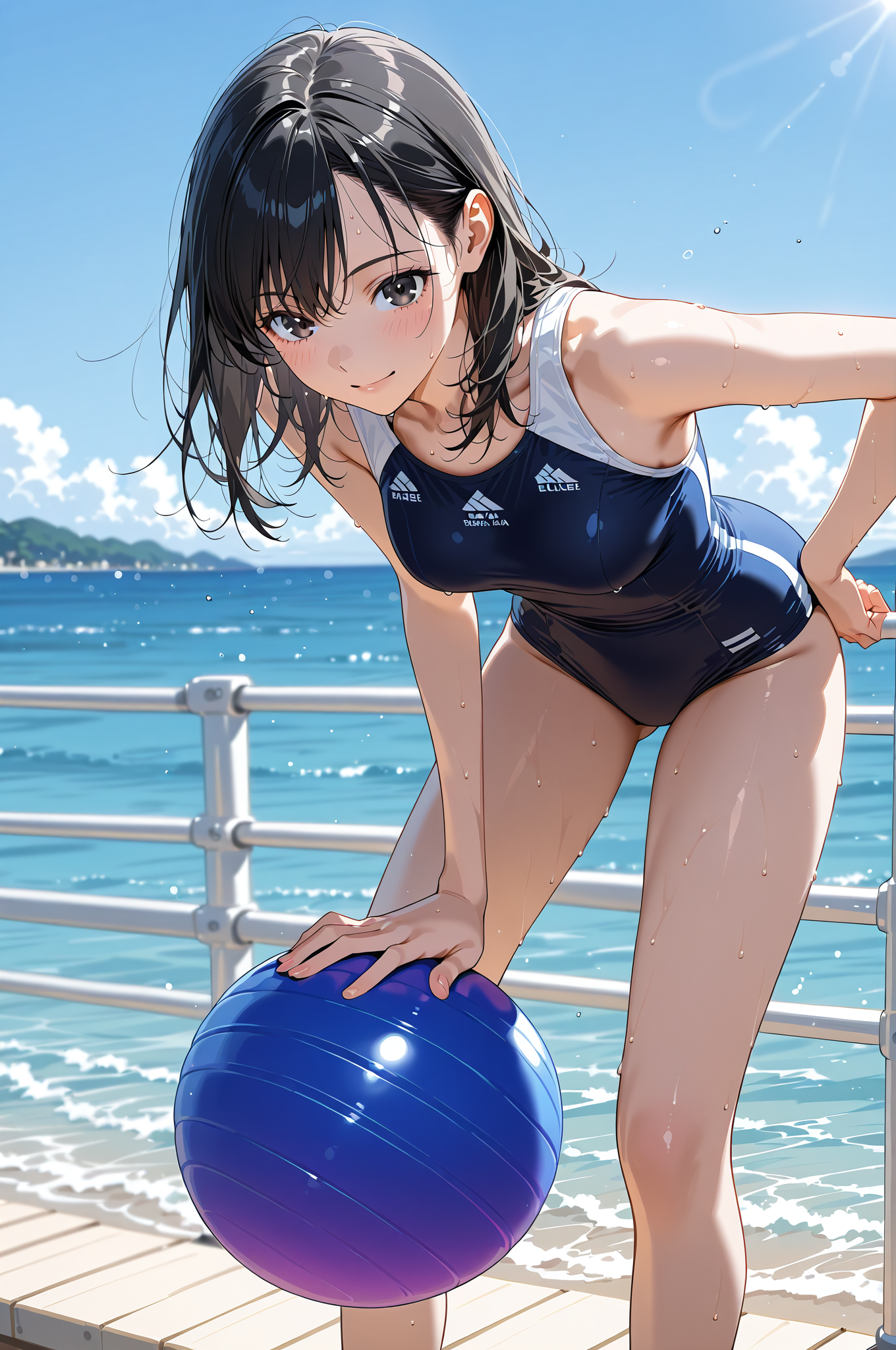 海辺のポートレート、紺色スポーツウェアの少女 #美少女 #屋外 #空