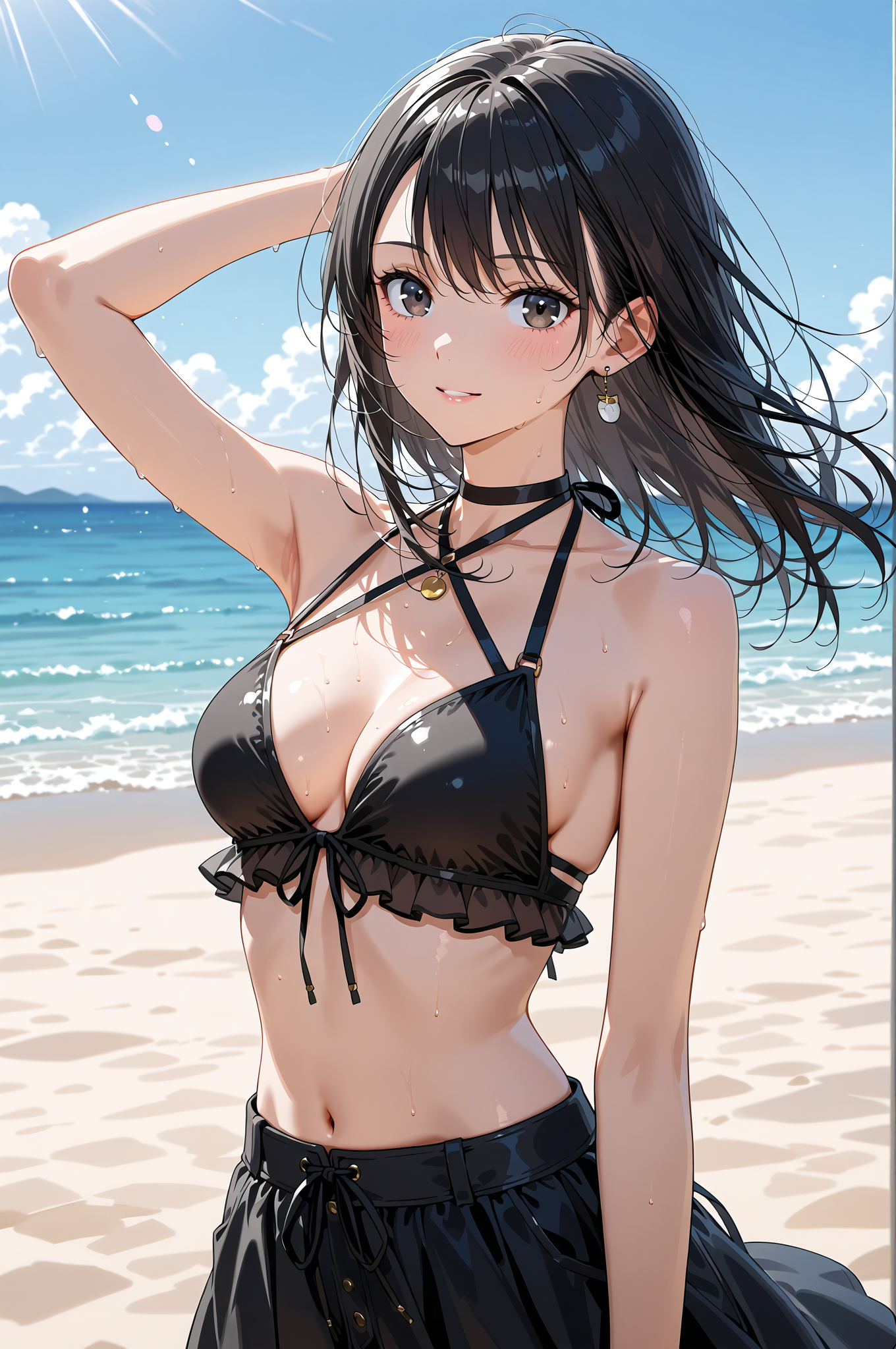 浜辺で髪を整える黒髪の少女 #美少女 #アニメ調 #空
