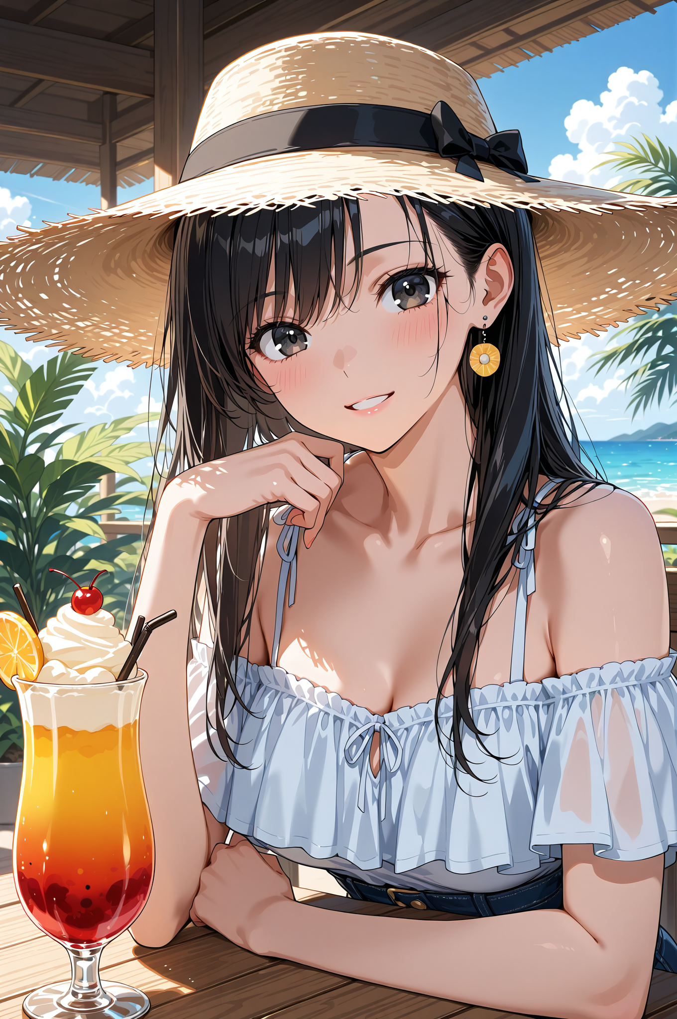 麦わら帽子のビーチガール、トロピカルドリンク #美少女 #帽子 #ファッション