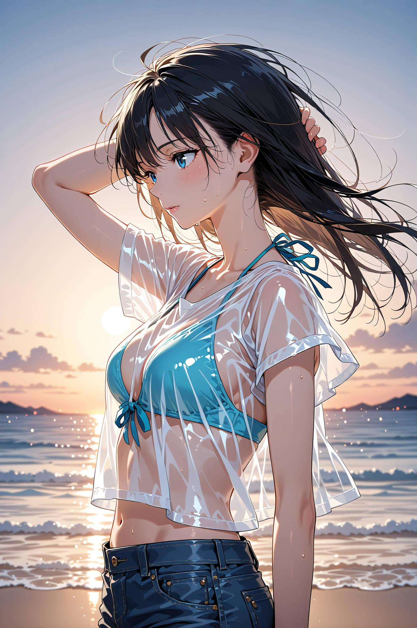 海辺で髪をかき上げる黒髪の少女 #美少女 #アニメ調 #屋外