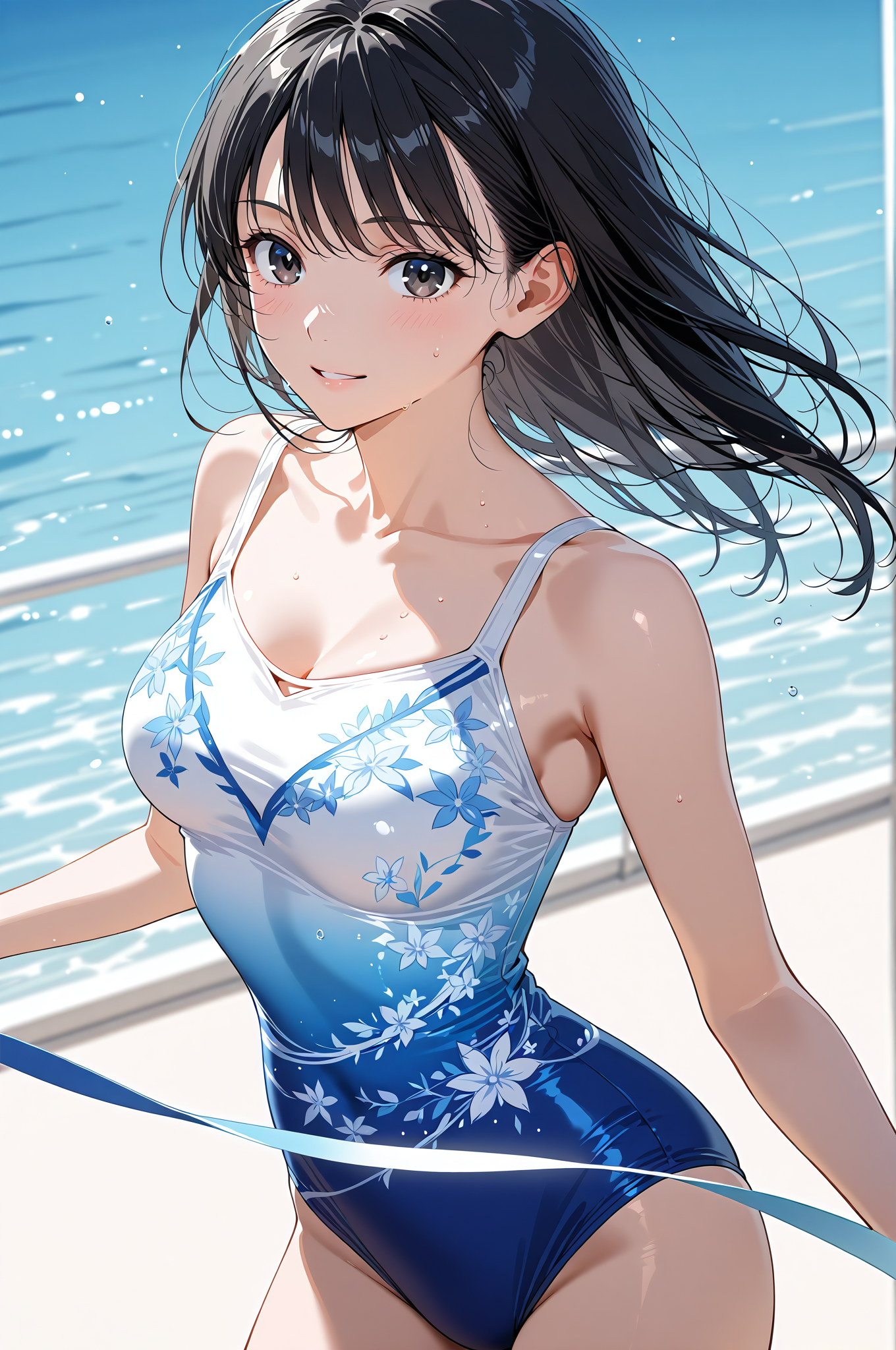 青い花柄水着の黒髪美少女ポートレート #美少女 #水着 #アニメ