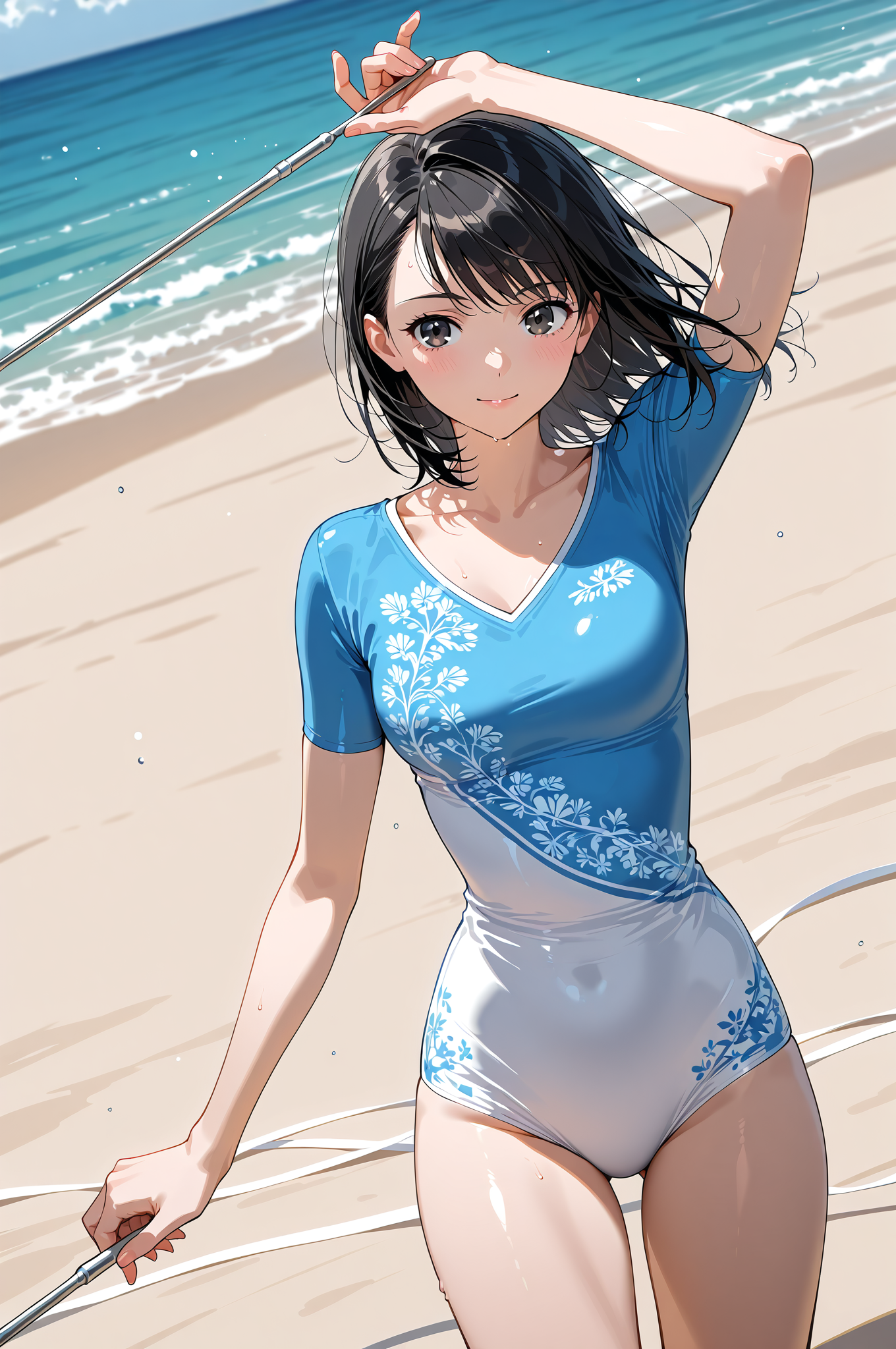 海辺で微笑む黒髪の少女 #水着 #美少女 #かわいい