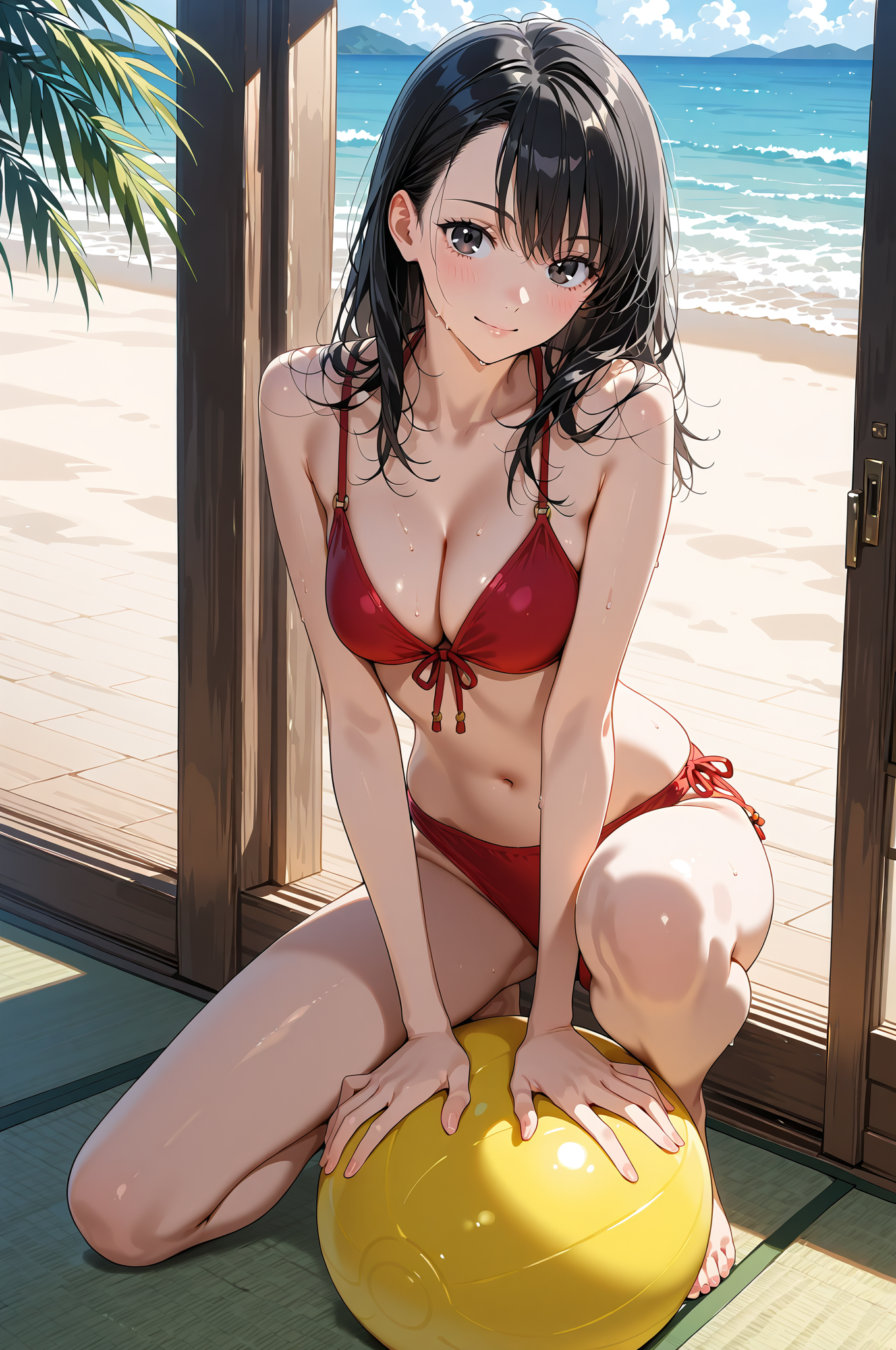 ビーチサイドの赤いビキニ姿のアニメ調美少女 #美少女 #アニメ調 #かわいい