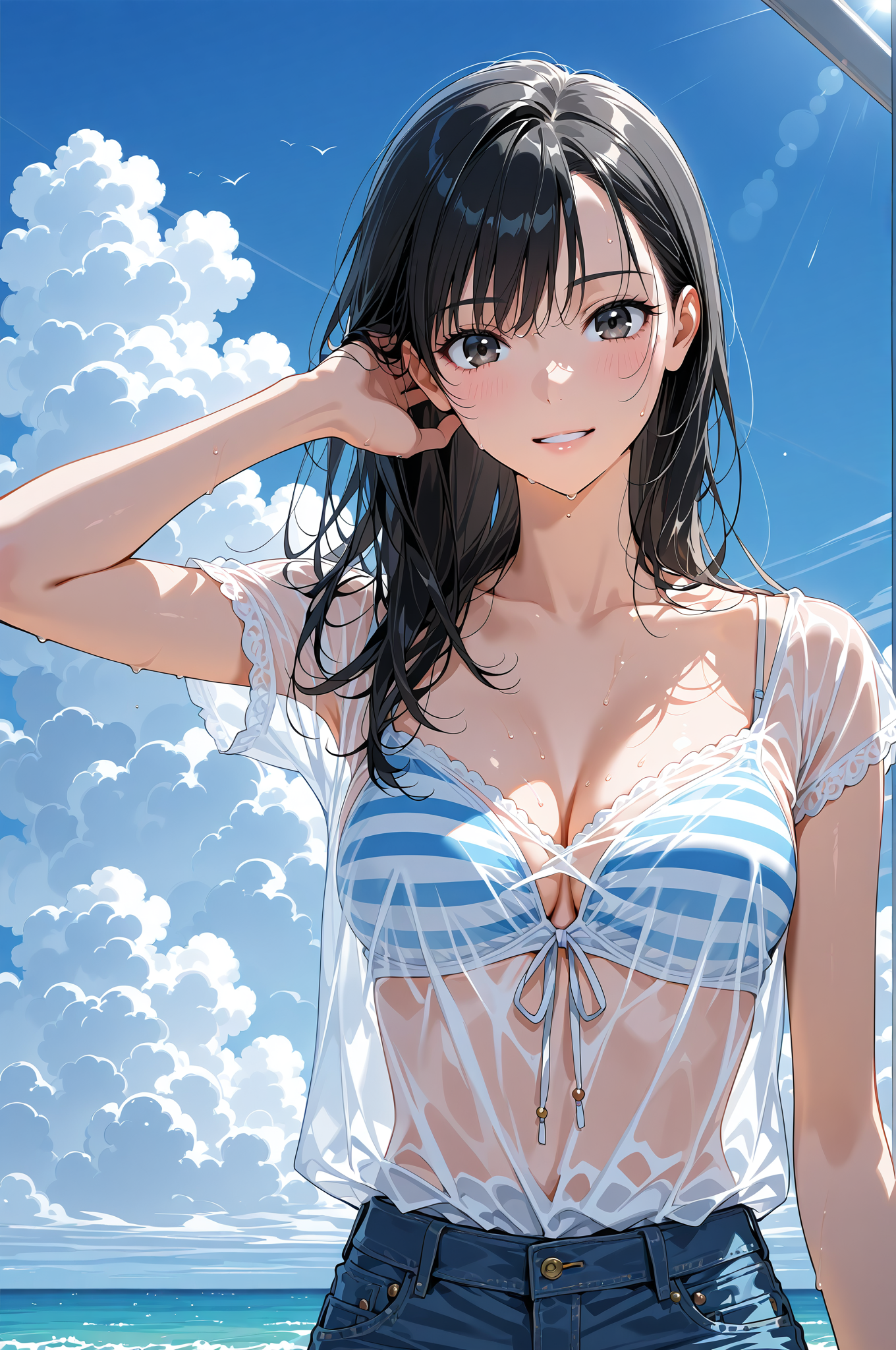 青空と白い雲、黒髪ロングの清爽な表情 #美少女 #アニメ調 #長髪