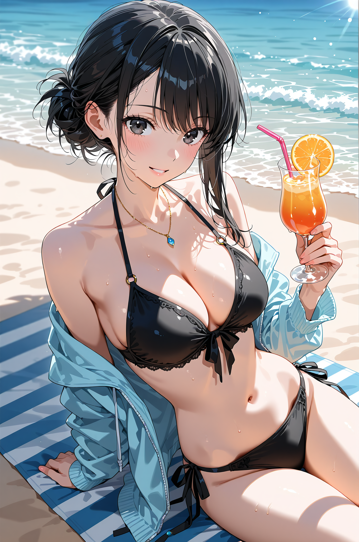 ビーチでカクテルを持つ黒髪の少女