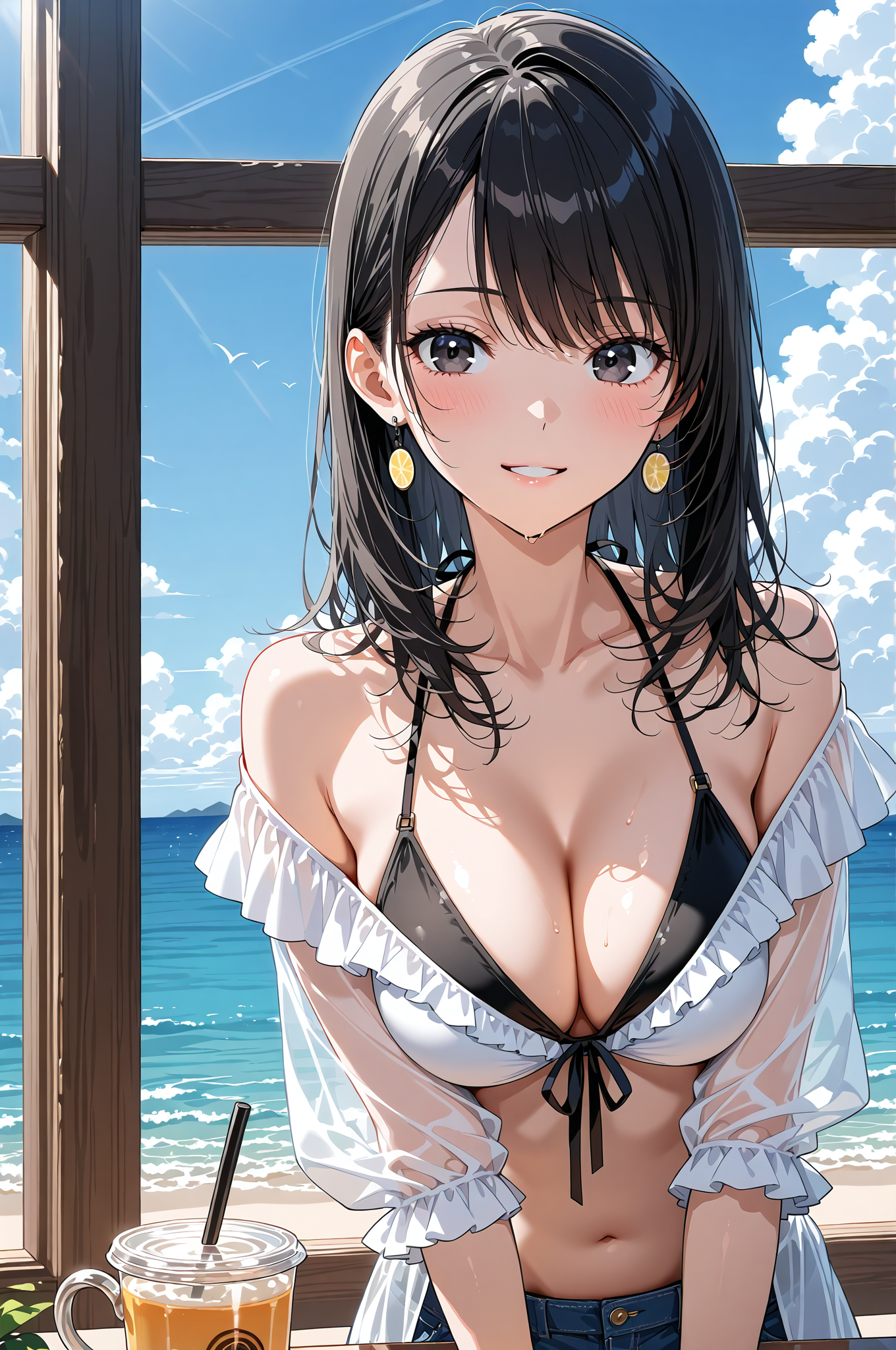 海辺の窓際、黒髪美少女のポートレート #アニメ #美少女 #顔