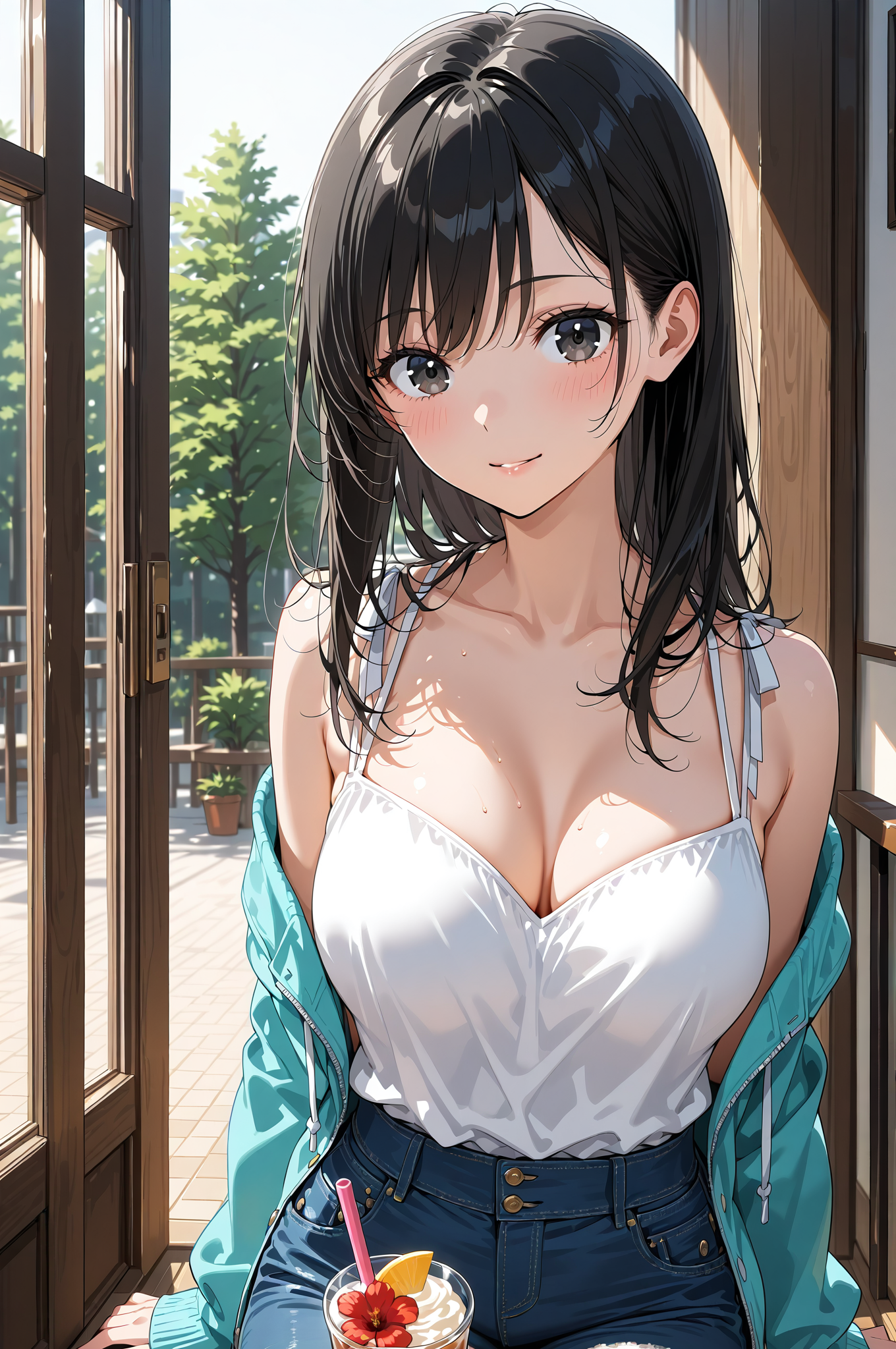窓辺の優しい笑顔、白と緑のコーディネート #美少女 #アニメ調 #笑顔