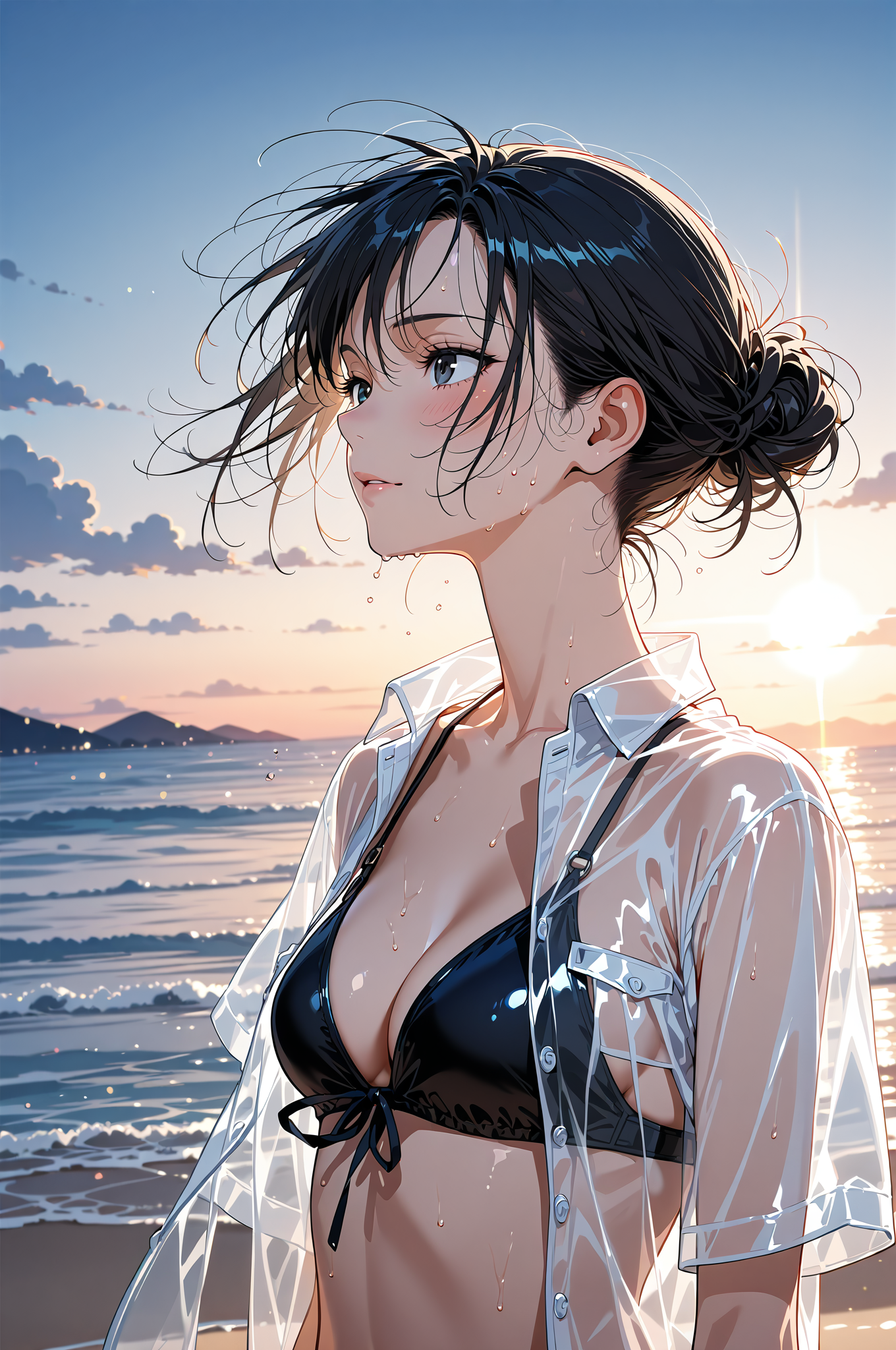 夕焼けビーチで微笑む黒髪の少女 #美少女 #アニメ調 #空