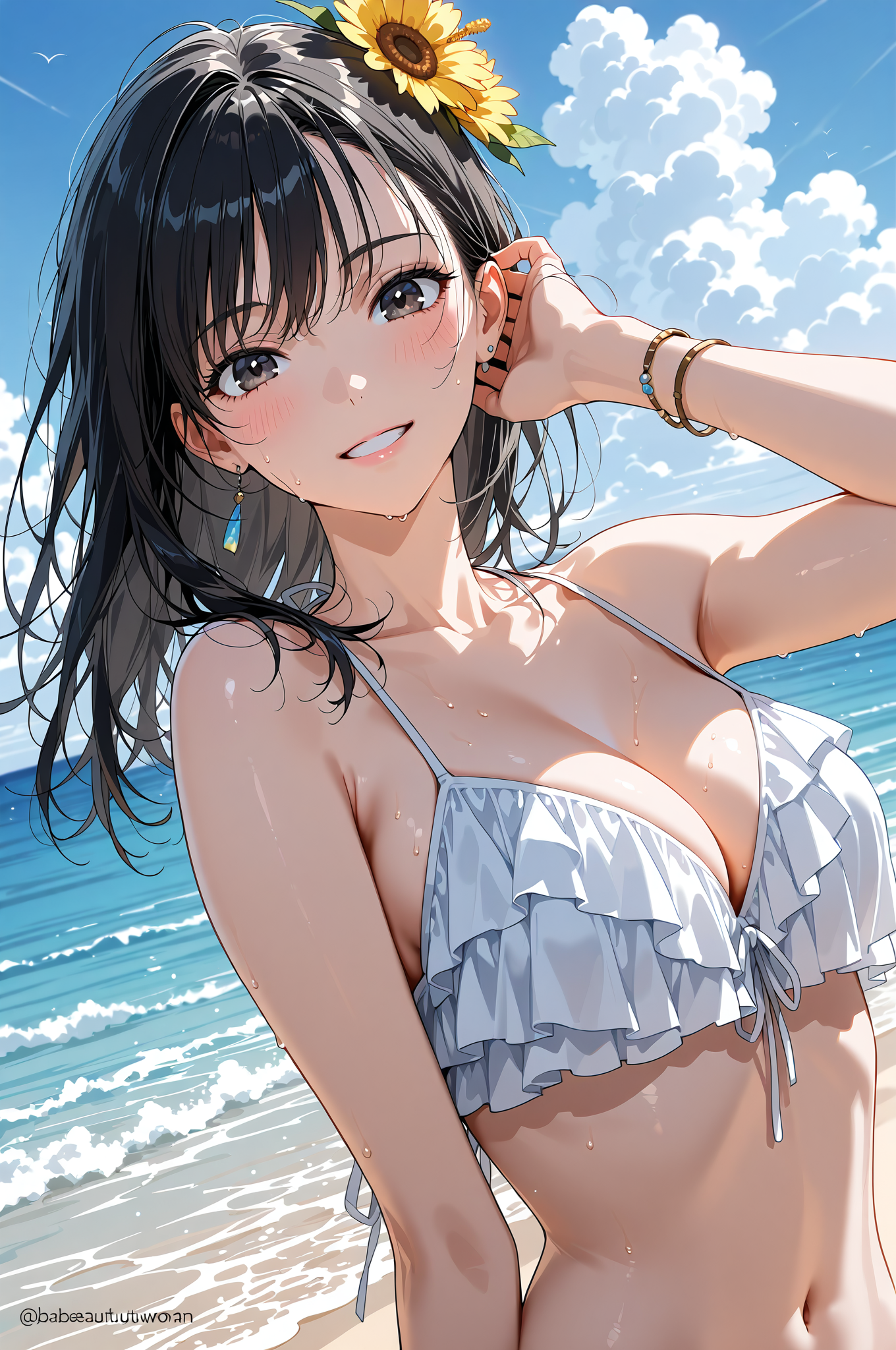 黒髪の少女、夏の海辺でひまわりの髪飾り #美少女 #水着 #夏
